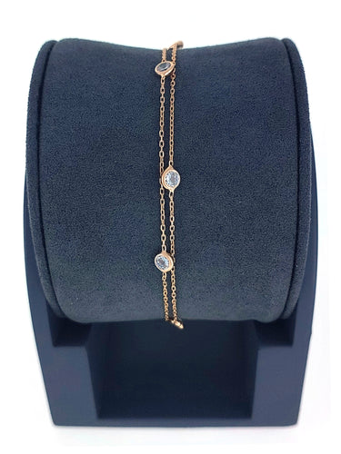 Gümüş Altın Yaldızlı Rose Renk 925 Ayar Gümüş Sıra Taşlı 2 Sıralı Bileklik - www.xsilver.com.tr