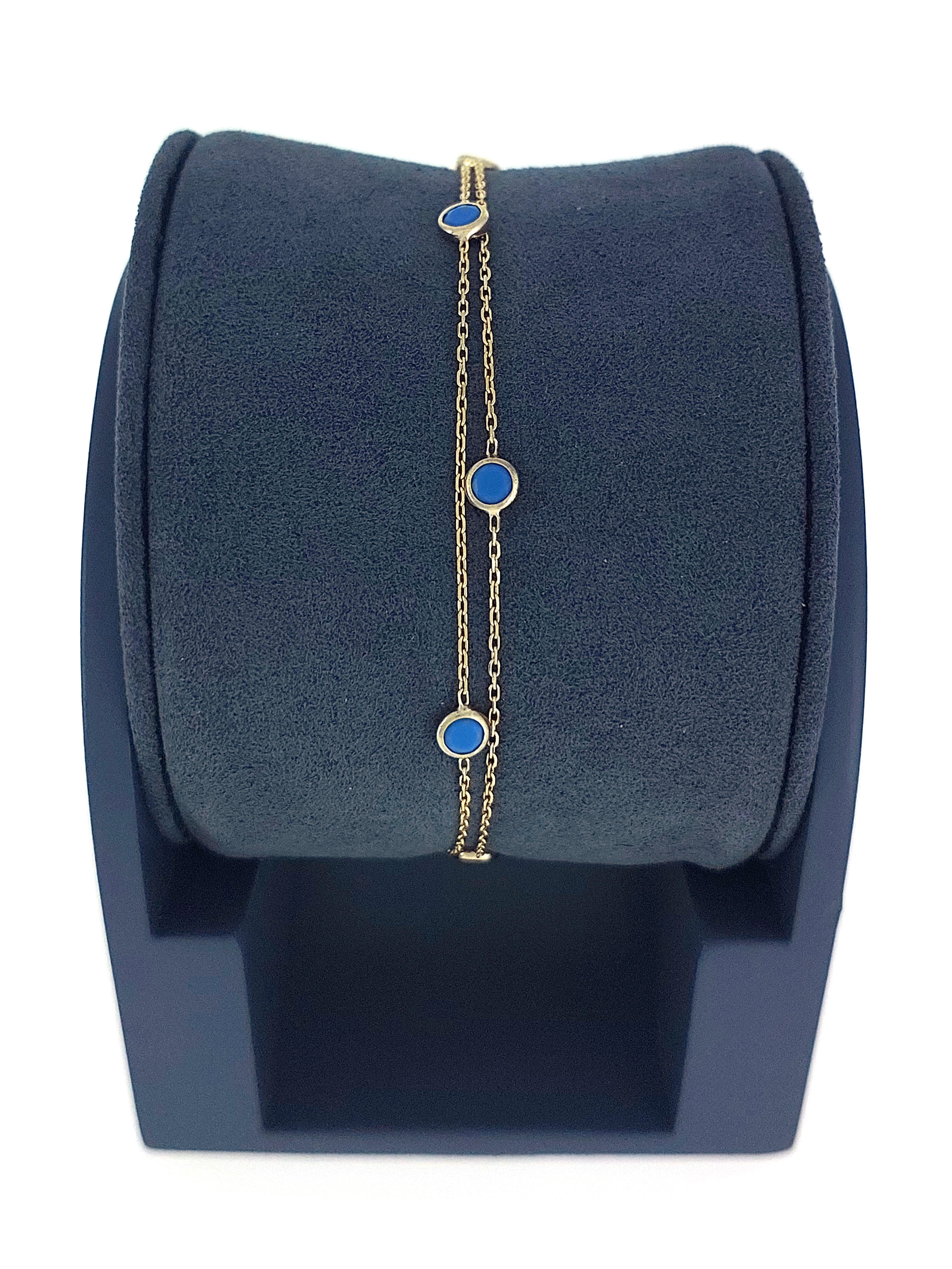 Gümüş Altın Yaldızlı Rose Renk 925 Ayar Gümüş Mavi Sıra Taşlı 2 Sıralı Bileklik - www.xsilver.com.tr