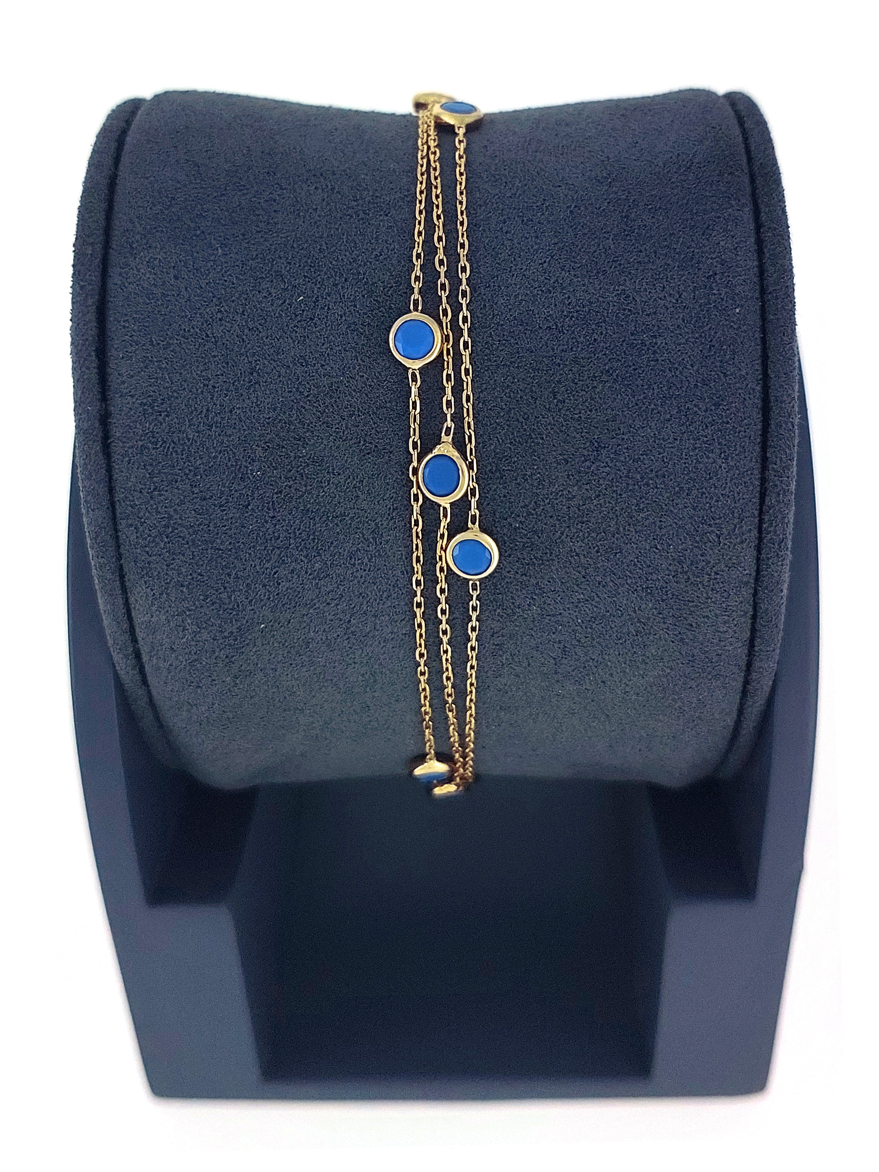 Gümüş Altın Yaldızlı Rose Renk 925 Ayar Gümüş Mavi Sıra Taşlı 3 Sıralı Bileklik - www.xsilver.com.tr