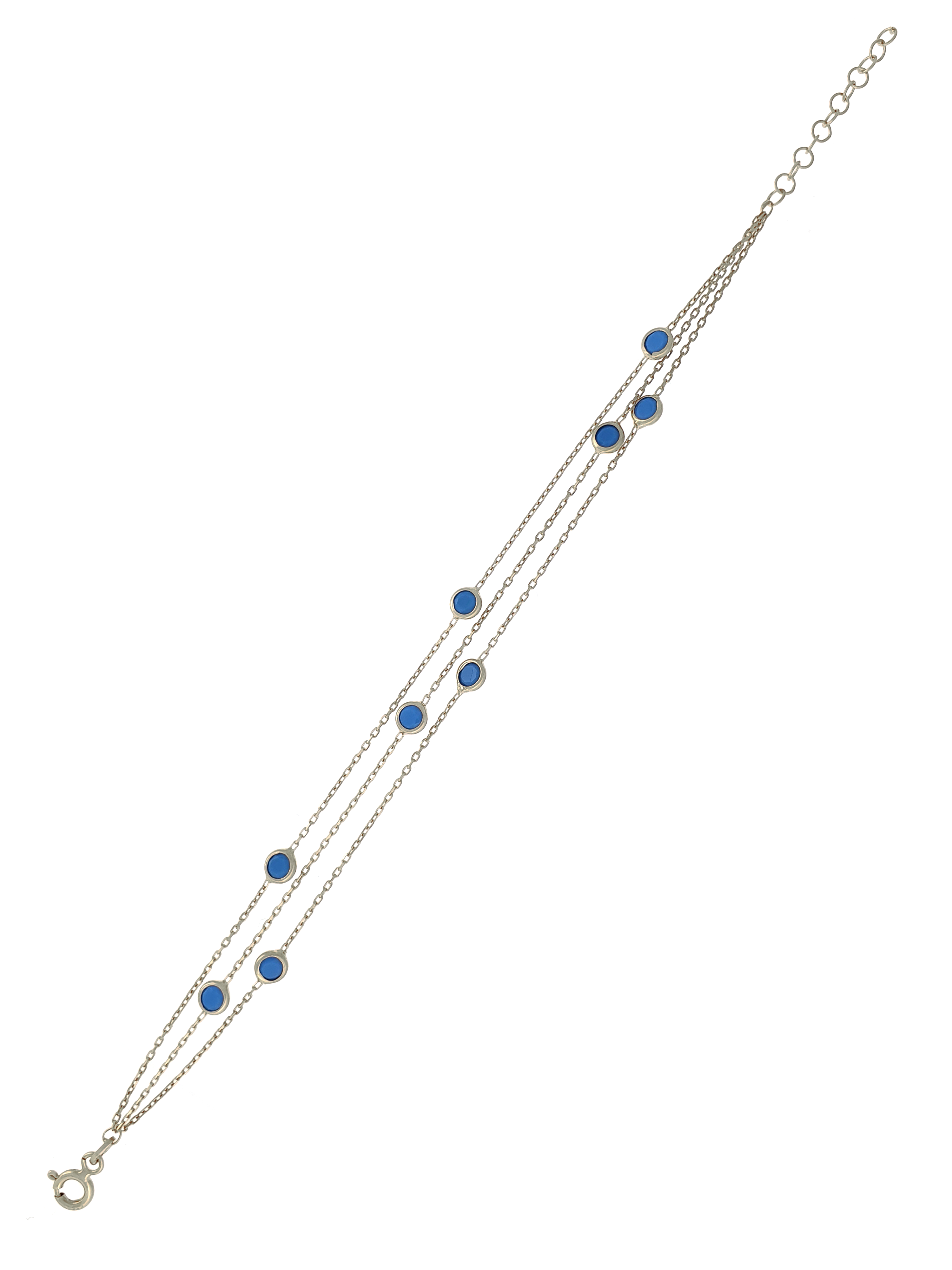 Gümüş Altın Yaldızlı Rose Renk 925 Ayar Gümüş Mavi Sıra Taşlı 3 Sıralı Bileklik - www.xsilver.com.tr