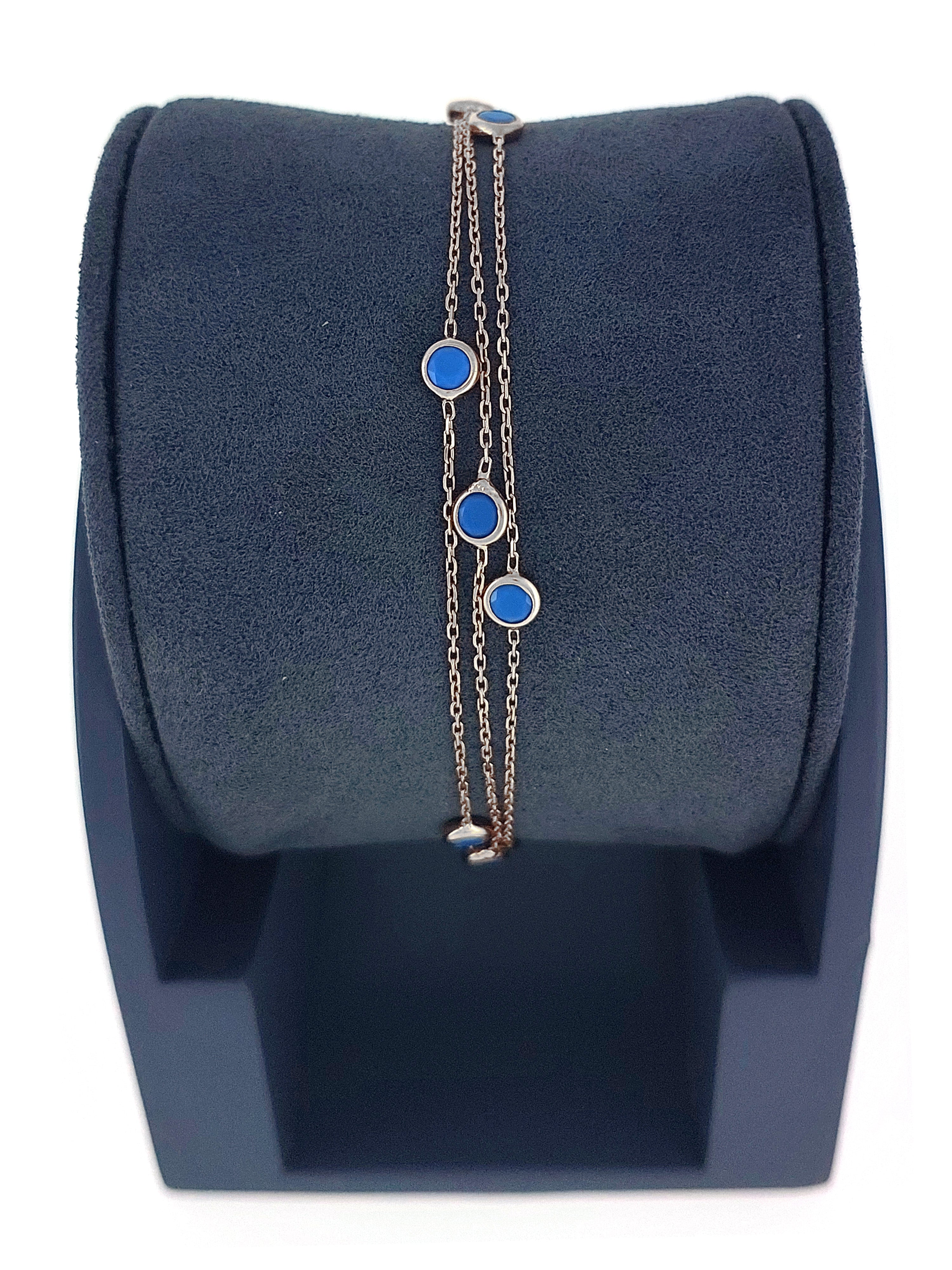 Gümüş Altın Yaldızlı Rose Renk 925 Ayar Gümüş Mavi Sıra Taşlı 3 Sıralı Bileklik - www.xsilver.com.tr