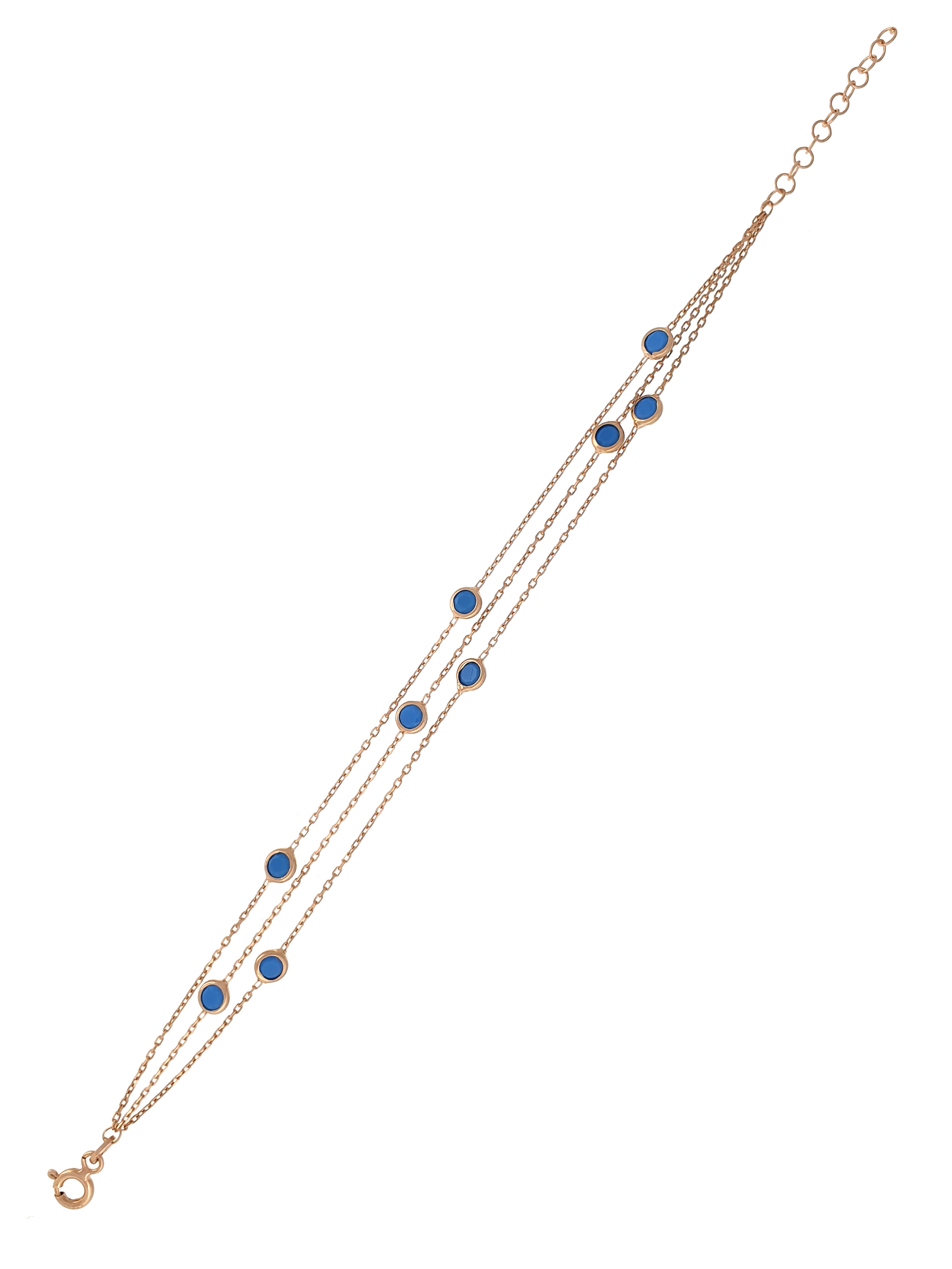 Gümüş Altın Yaldızlı Rose Renk 925 Ayar Gümüş Mavi Sıra Taşlı 3 Sıralı Bileklik - www.xsilver.com.tr