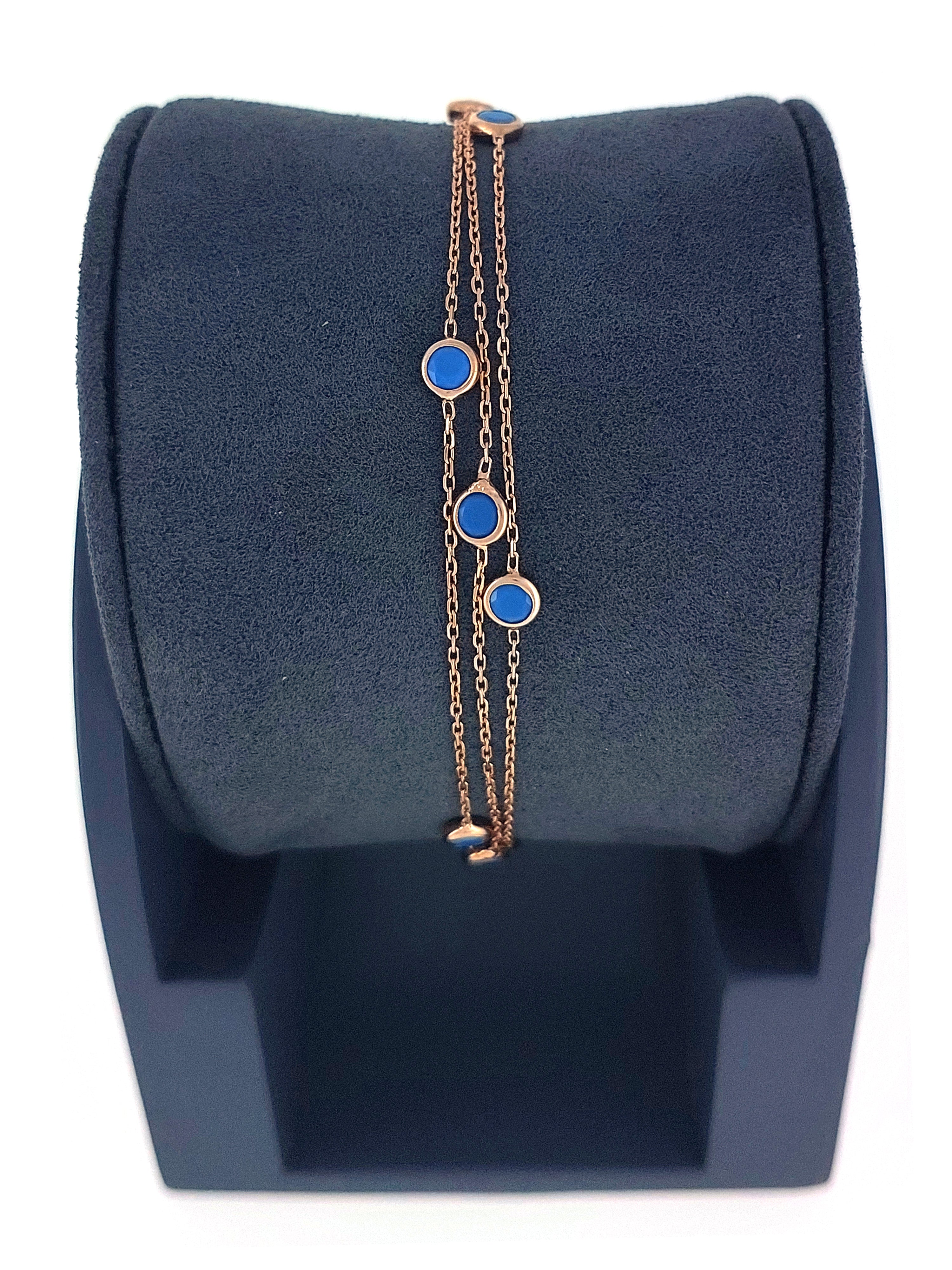 Gümüş Altın Yaldızlı Rose Renk 925 Ayar Gümüş Mavi Sıra Taşlı 3 Sıralı Bileklik - www.xsilver.com.tr