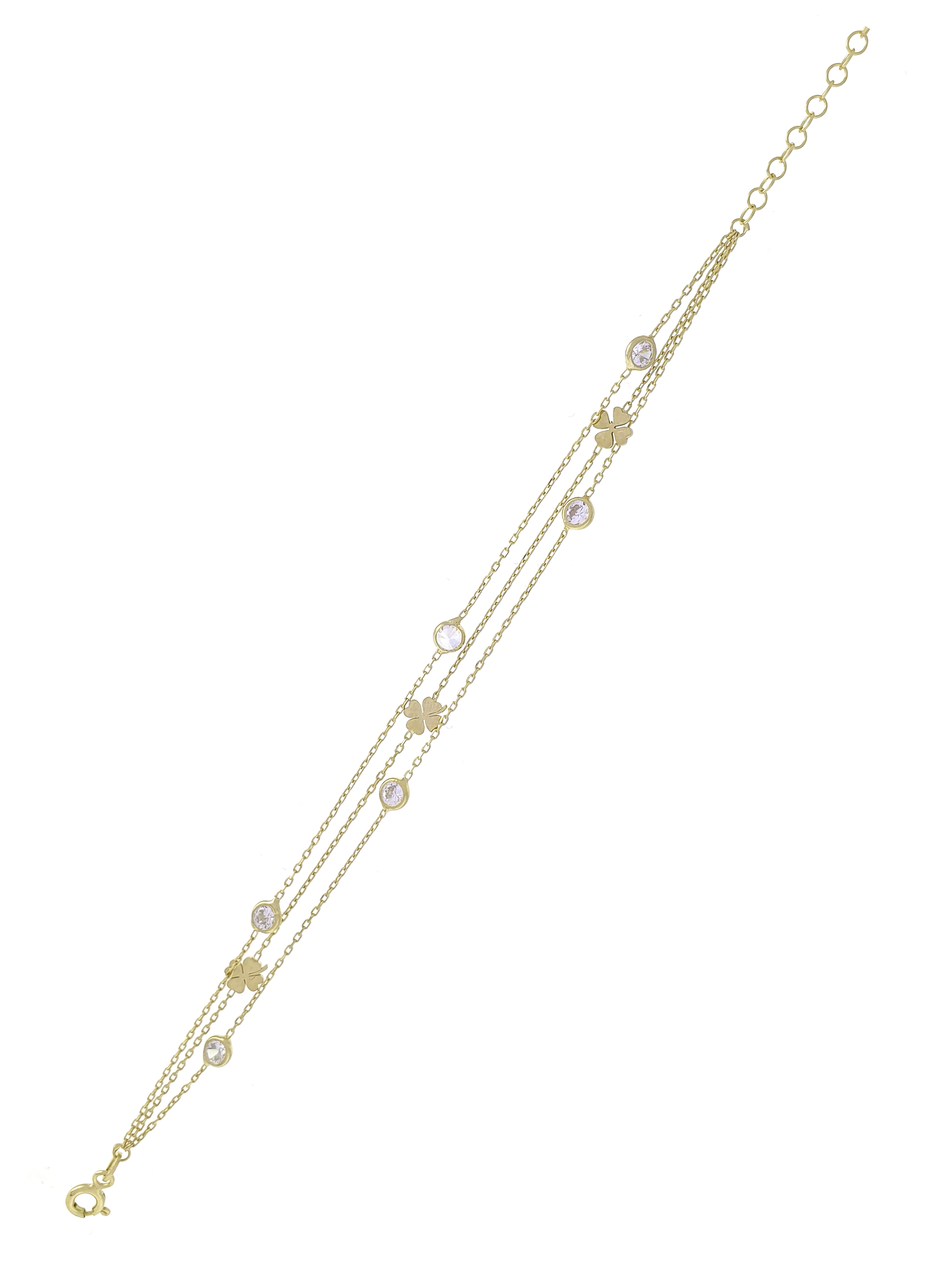 Gümüş Altın Yaldızlı Rose Renk 925 Ayar Gümüş Sıra Taşlı Yoncalı 3 Sıralı Bileklik - www.xsilver.com.tr