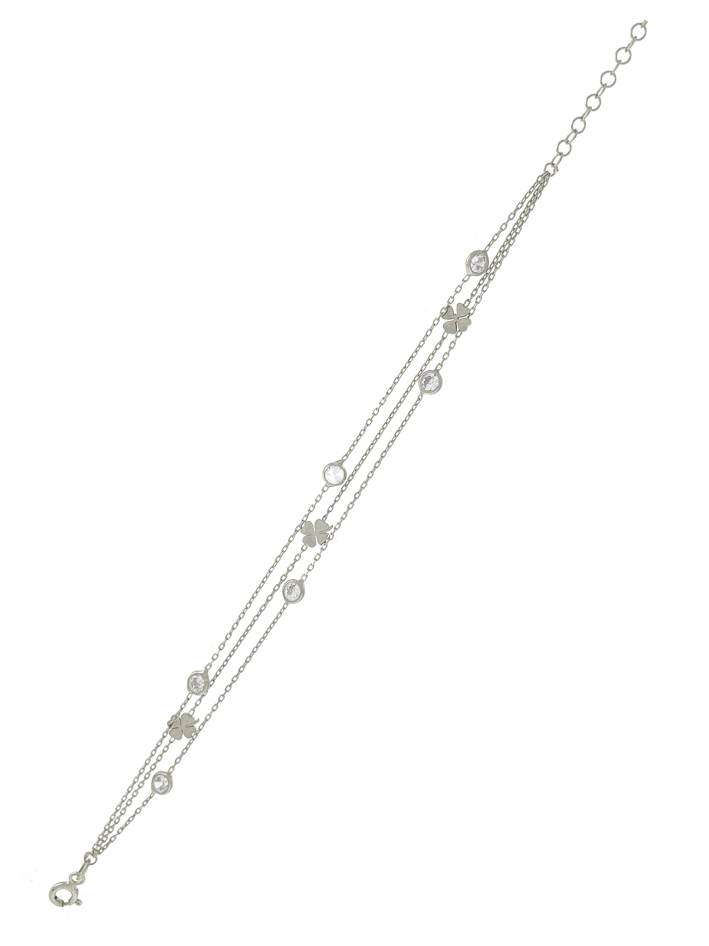 Gümüş Altın Yaldızlı Rose Renk 925 Ayar Gümüş Sıra Taşlı Yoncalı 3 Sıralı Bileklik - www.xsilver.com.tr