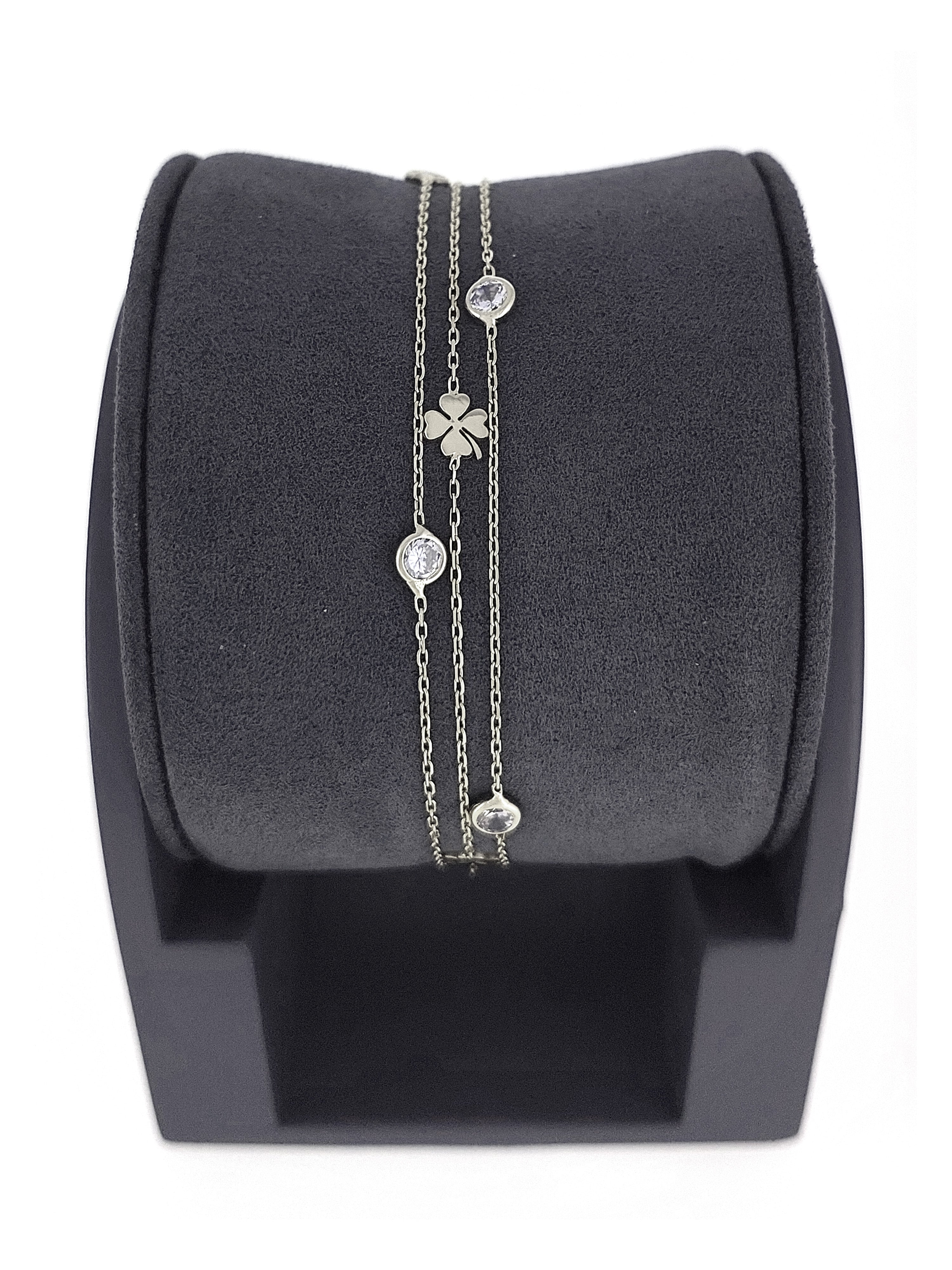 Gümüş Altın Yaldızlı Rose Renk 925 Ayar Gümüş Sıra Taşlı Yoncalı 3 Sıralı Bileklik - www.xsilver.com.tr