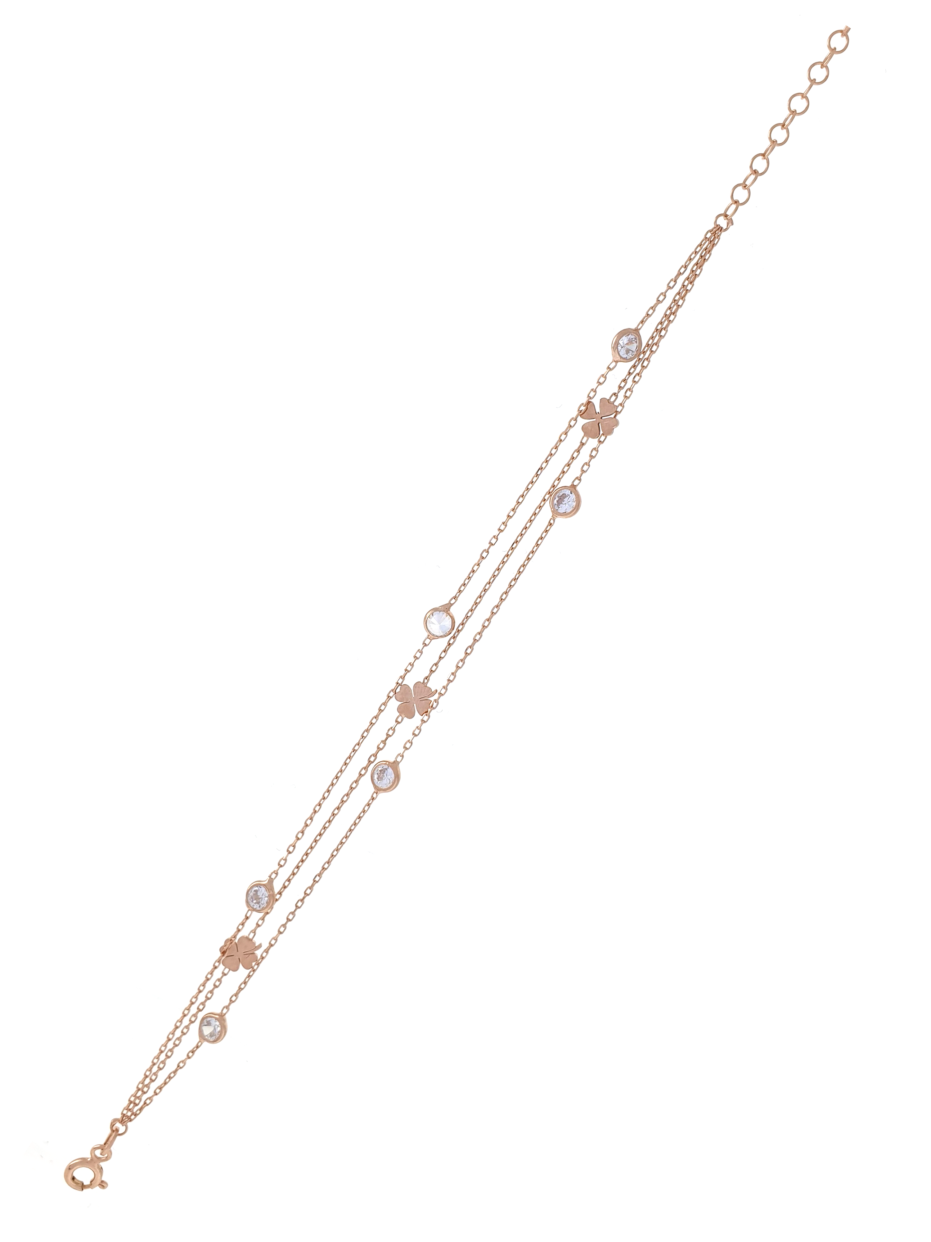 Gümüş Altın Yaldızlı Rose Renk 925 Ayar Gümüş Sıra Taşlı Yoncalı 3 Sıralı Bileklik - www.xsilver.com.tr