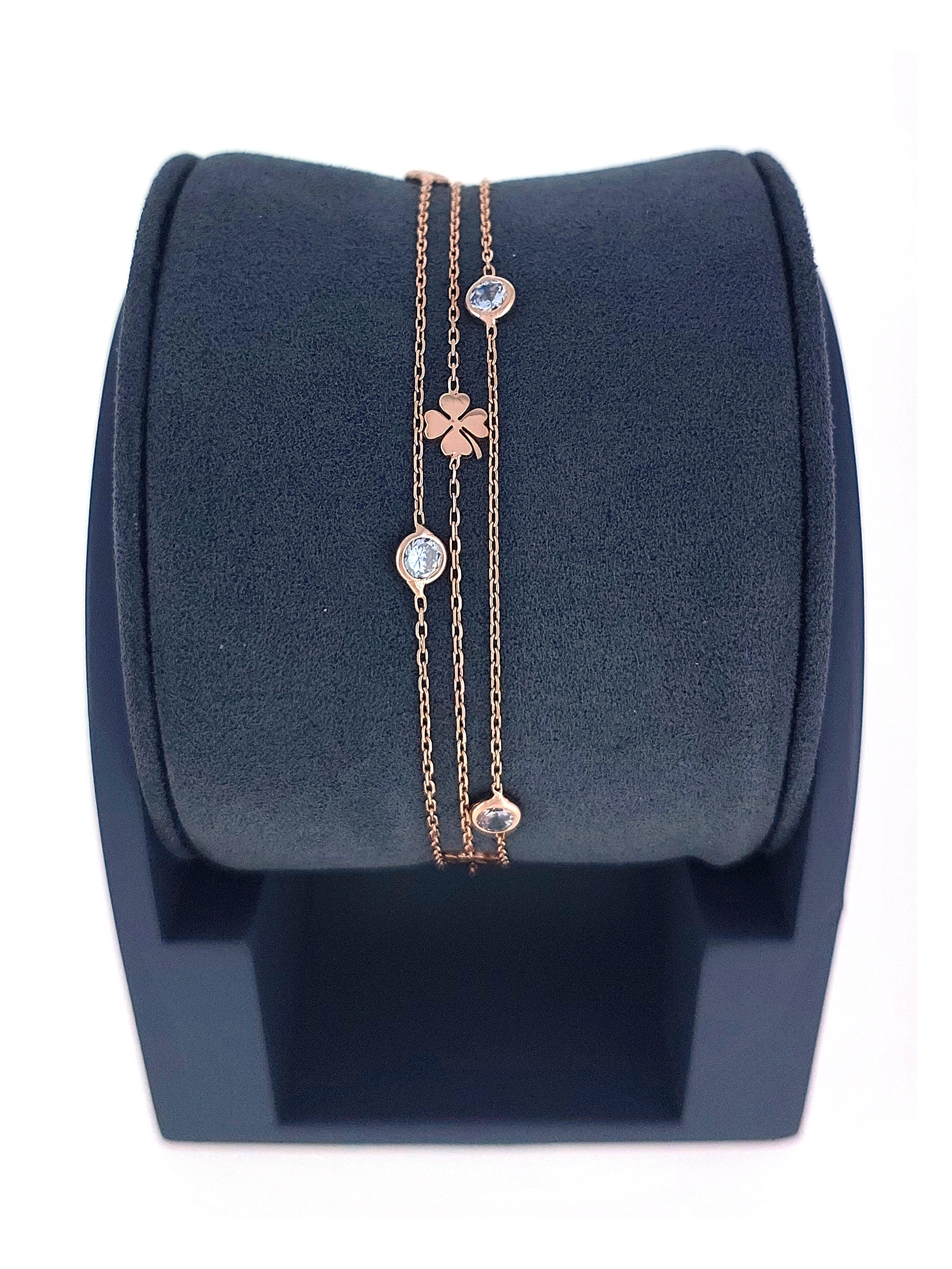 Gümüş Altın Yaldızlı Rose Renk 925 Ayar Gümüş Sıra Taşlı Yoncalı 3 Sıralı Bileklik - www.xsilver.com.tr