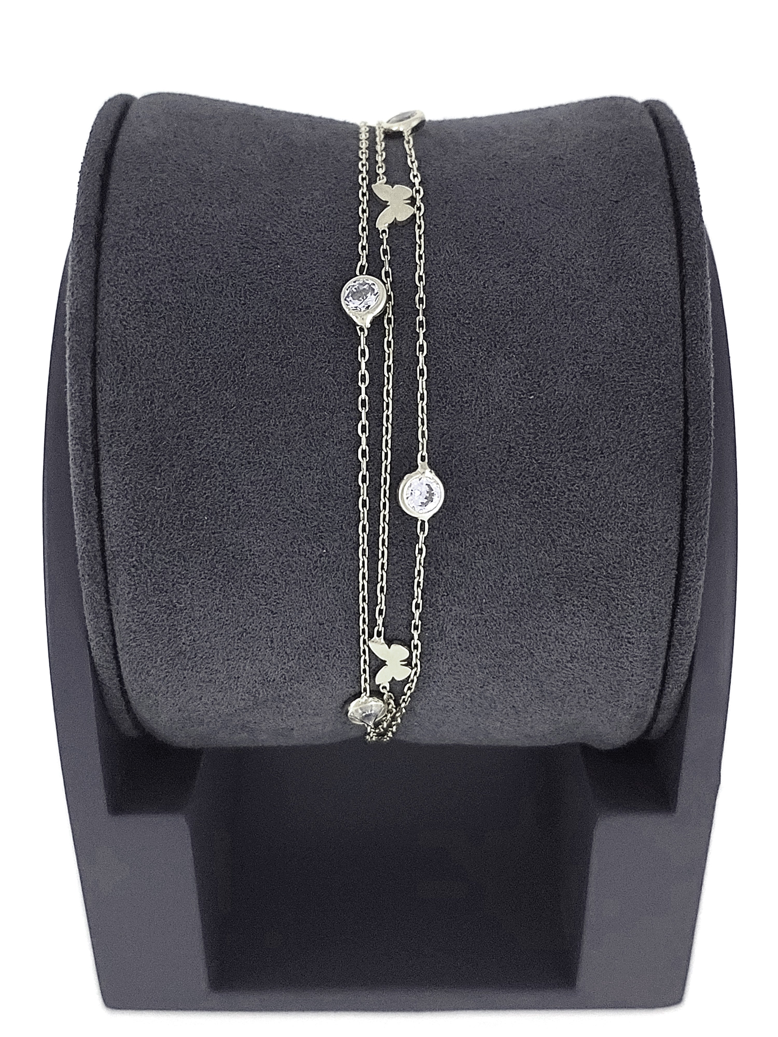 Gümüş Altın Yaldızlı Rose Renk 925 Ayar Gümüş Sıra Taşlı Kelebekli 3 Sıralı Bileklik - www.xsilver.com.tr