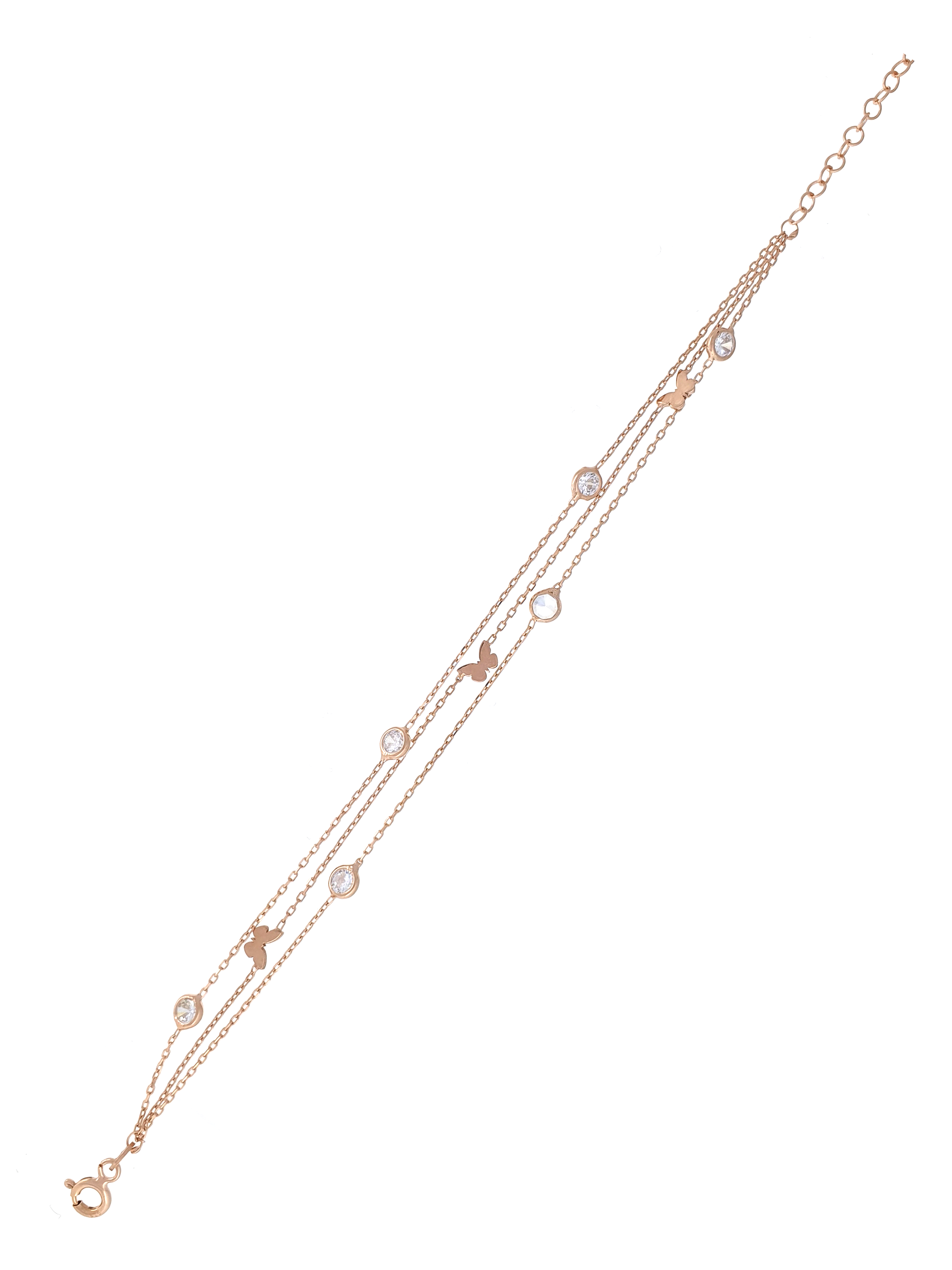 Gümüş Altın Yaldızlı Rose Renk 925 Ayar Gümüş Sıra Taşlı Kelebekli 3 Sıralı Bileklik - www.xsilver.com.tr