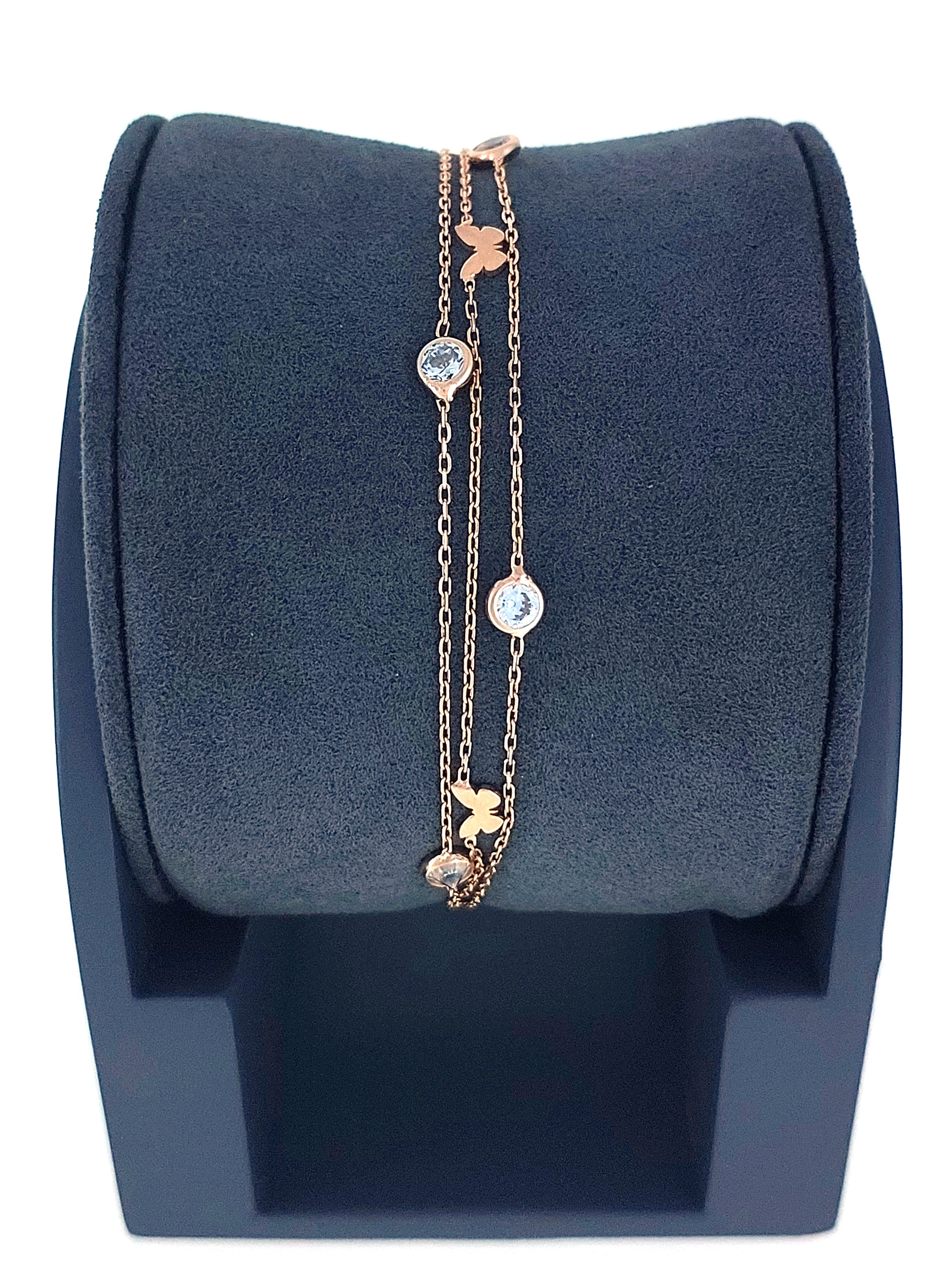 Gümüş Altın Yaldızlı Rose Renk 925 Ayar Gümüş Sıra Taşlı Kelebekli 3 Sıralı Bileklik - www.xsilver.com.tr