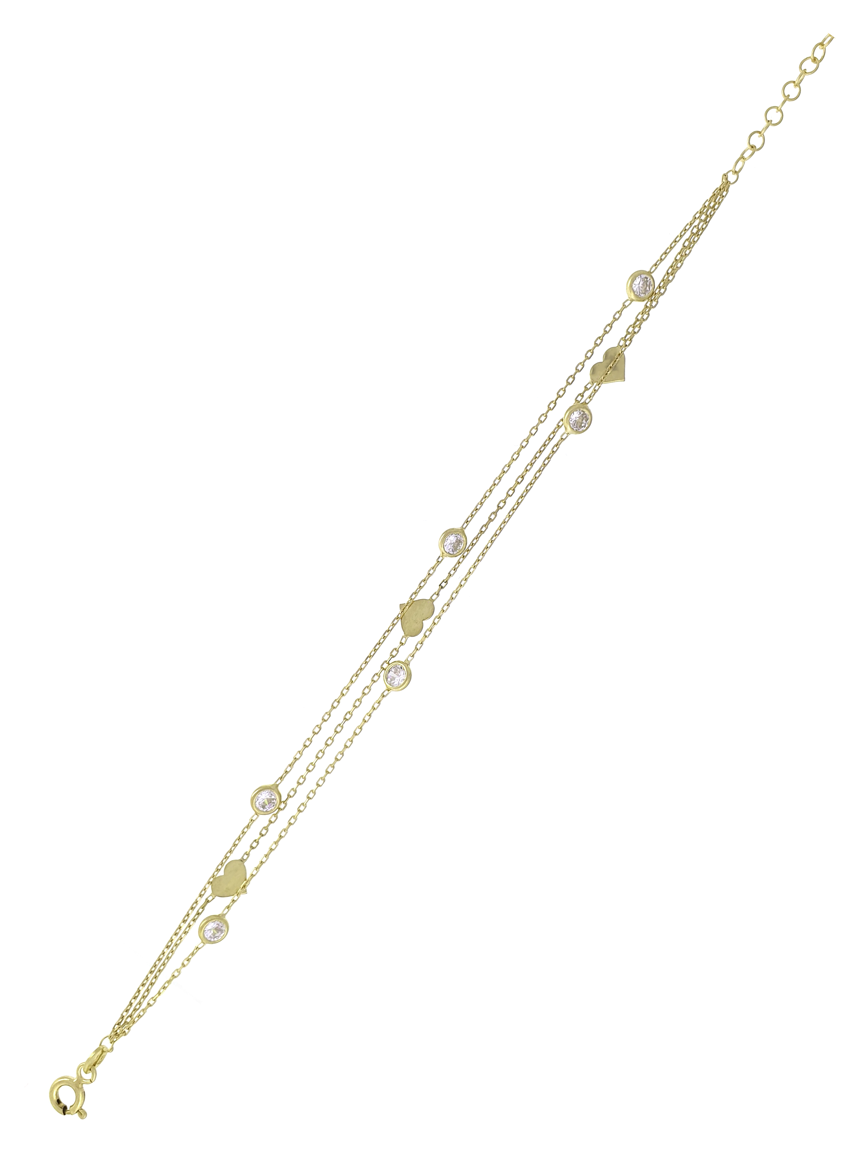 Gümüş Altın Yaldızlı Rose Renk 925 Ayar Gümüş Sıra Taşlı Kalpli 3 Sıralı Bileklik - www.xsilver.com.tr