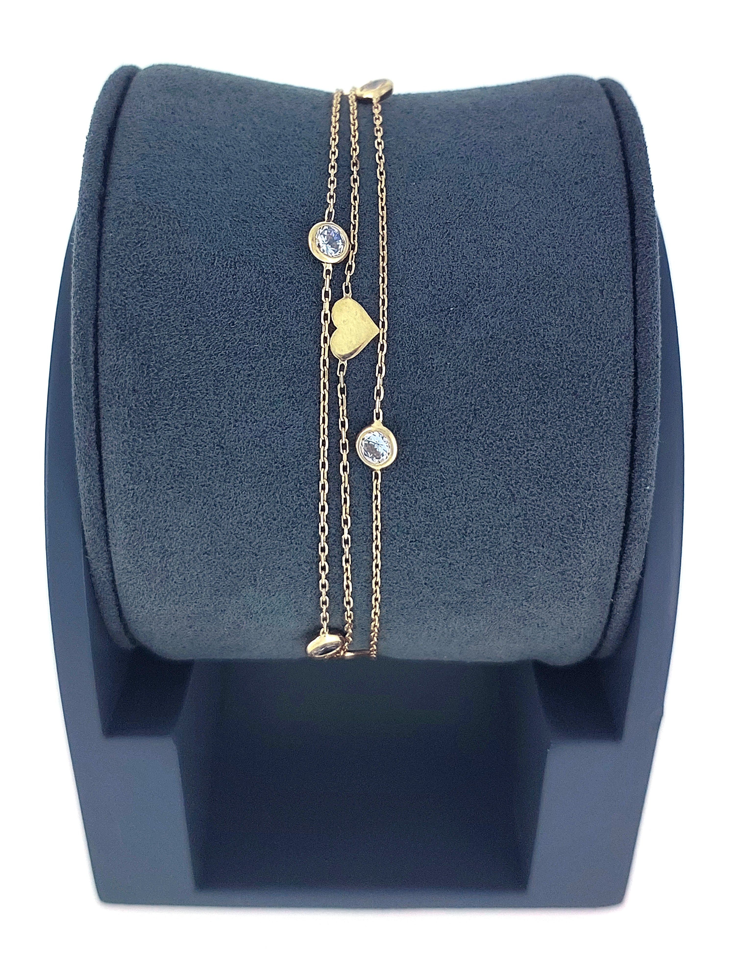 Gümüş Altın Yaldızlı Rose Renk 925 Ayar Gümüş Sıra Taşlı Kalpli 3 Sıralı Bileklik - www.xsilver.com.tr