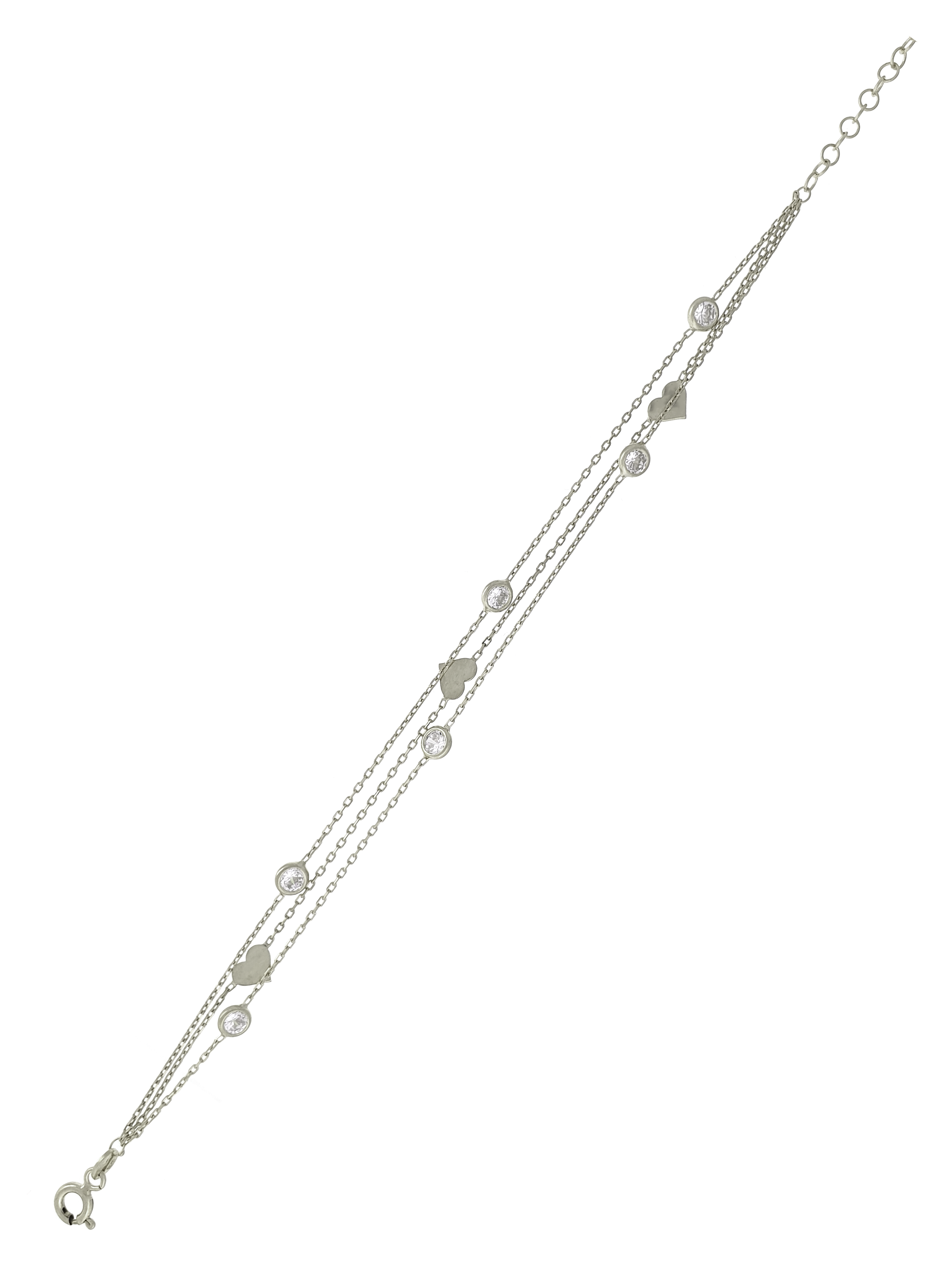 Gümüş Altın Yaldızlı Rose Renk 925 Ayar Gümüş Sıra Taşlı Kalpli 3 Sıralı Bileklik - www.xsilver.com.tr