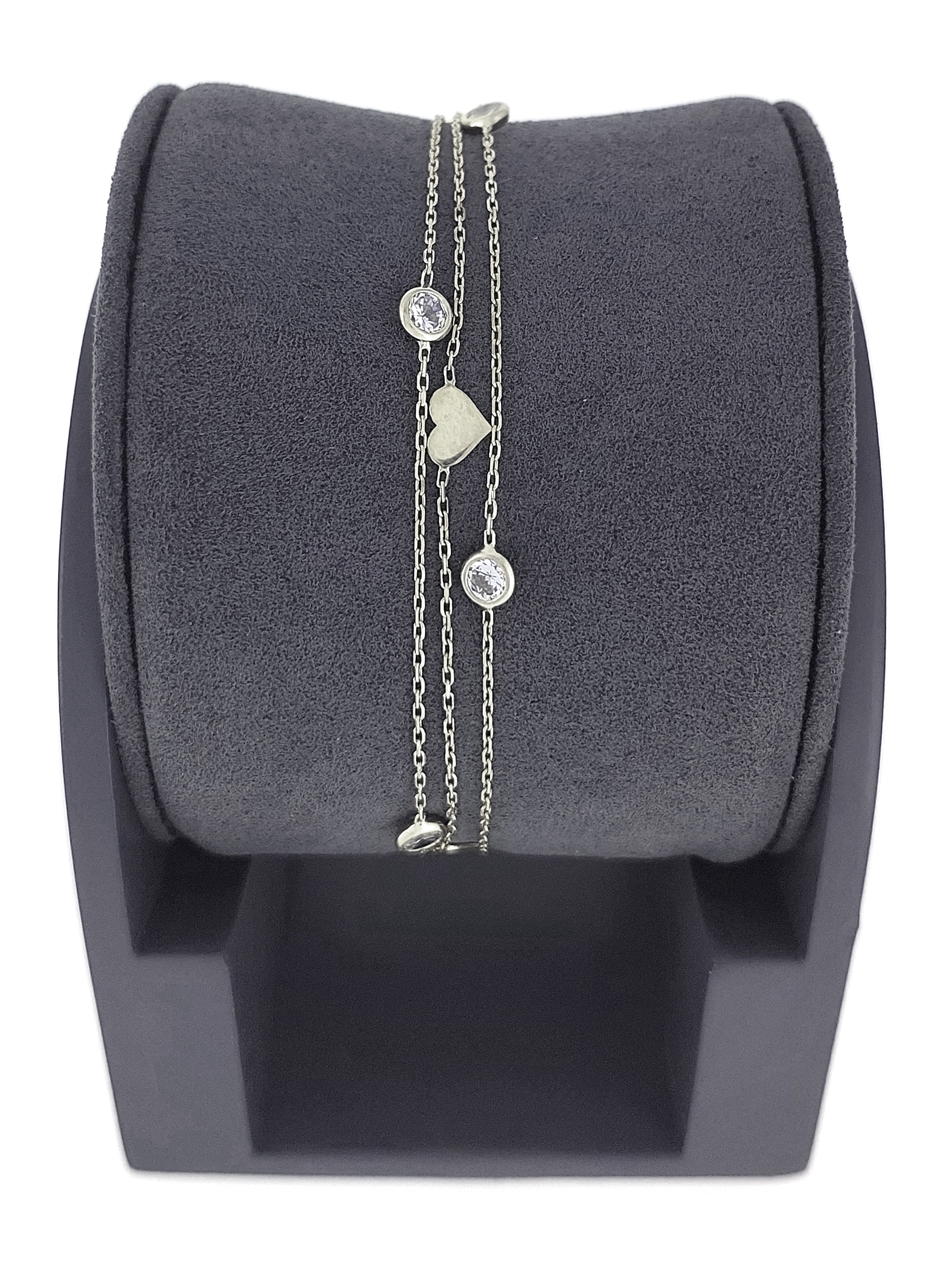 Gümüş Altın Yaldızlı Rose Renk 925 Ayar Gümüş Sıra Taşlı Kalpli 3 Sıralı Bileklik - www.xsilver.com.tr