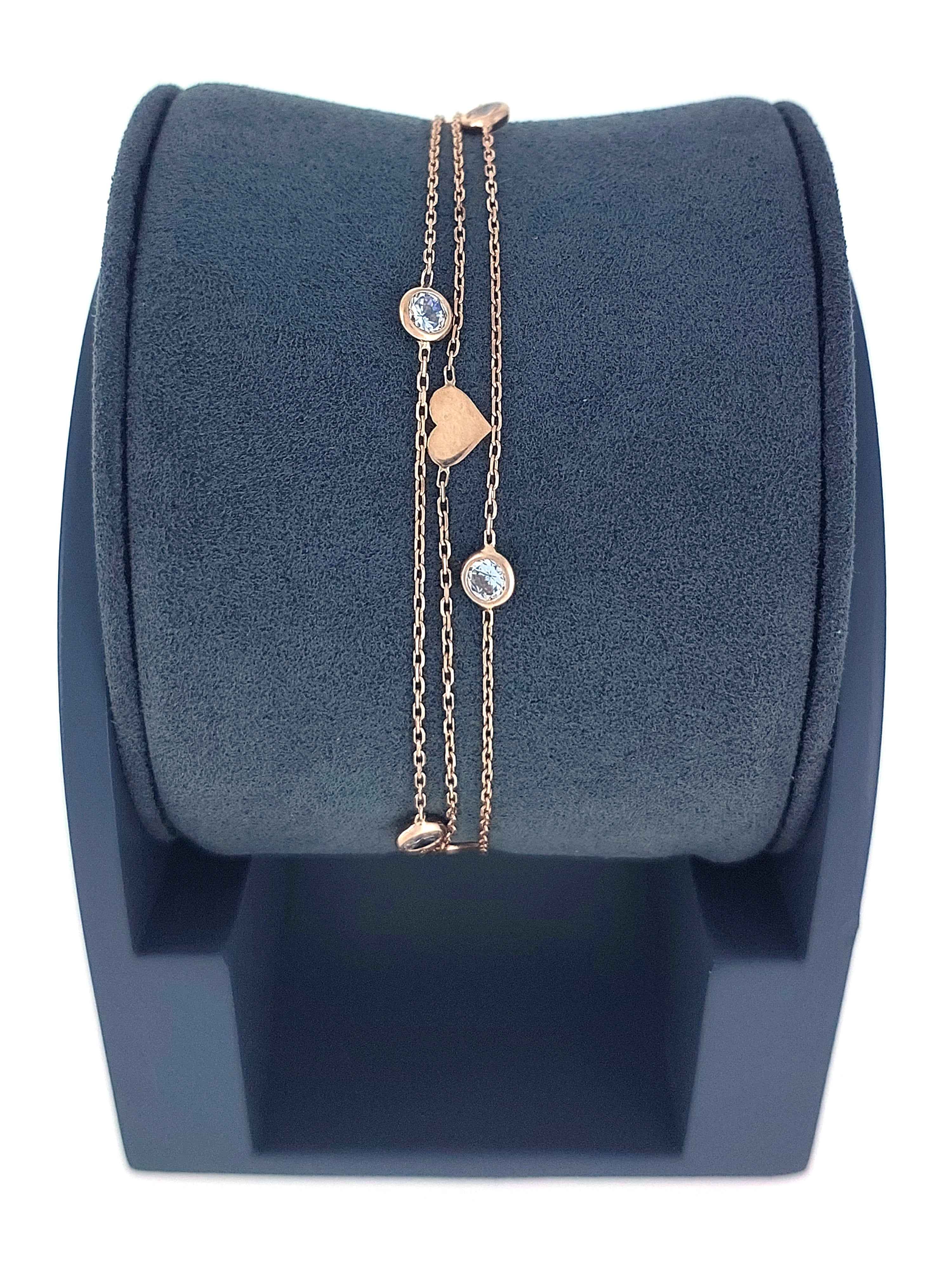 Gümüş Altın Yaldızlı Rose Renk 925 Ayar Gümüş Sıra Taşlı Kalpli 3 Sıralı Bileklik - www.xsilver.com.tr