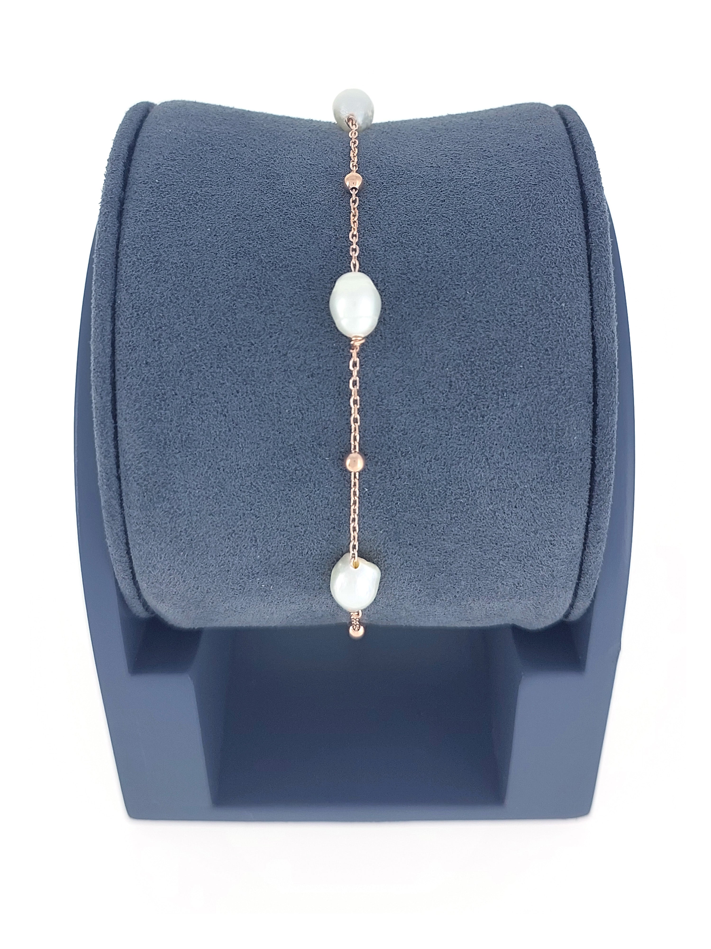 Gümüş Altın Yaldızlı Rose Renk 925 Ayar Gümüş Dorika Toplu İncili Bileklik - www.xsilver.com.tr