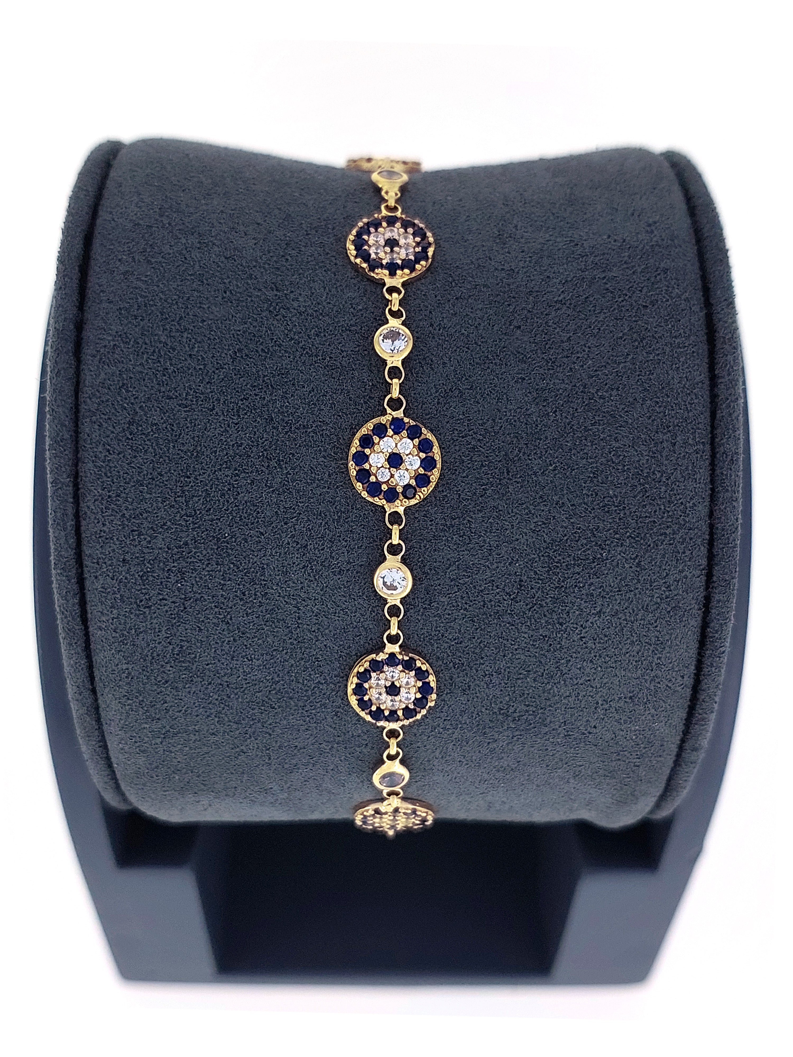 Gümüş Altın Yaldızlı Rose Renk 925 Ayar Gümüş Sıra Taşlı Göz Nazar Bileklik - www.xsilver.com.tr