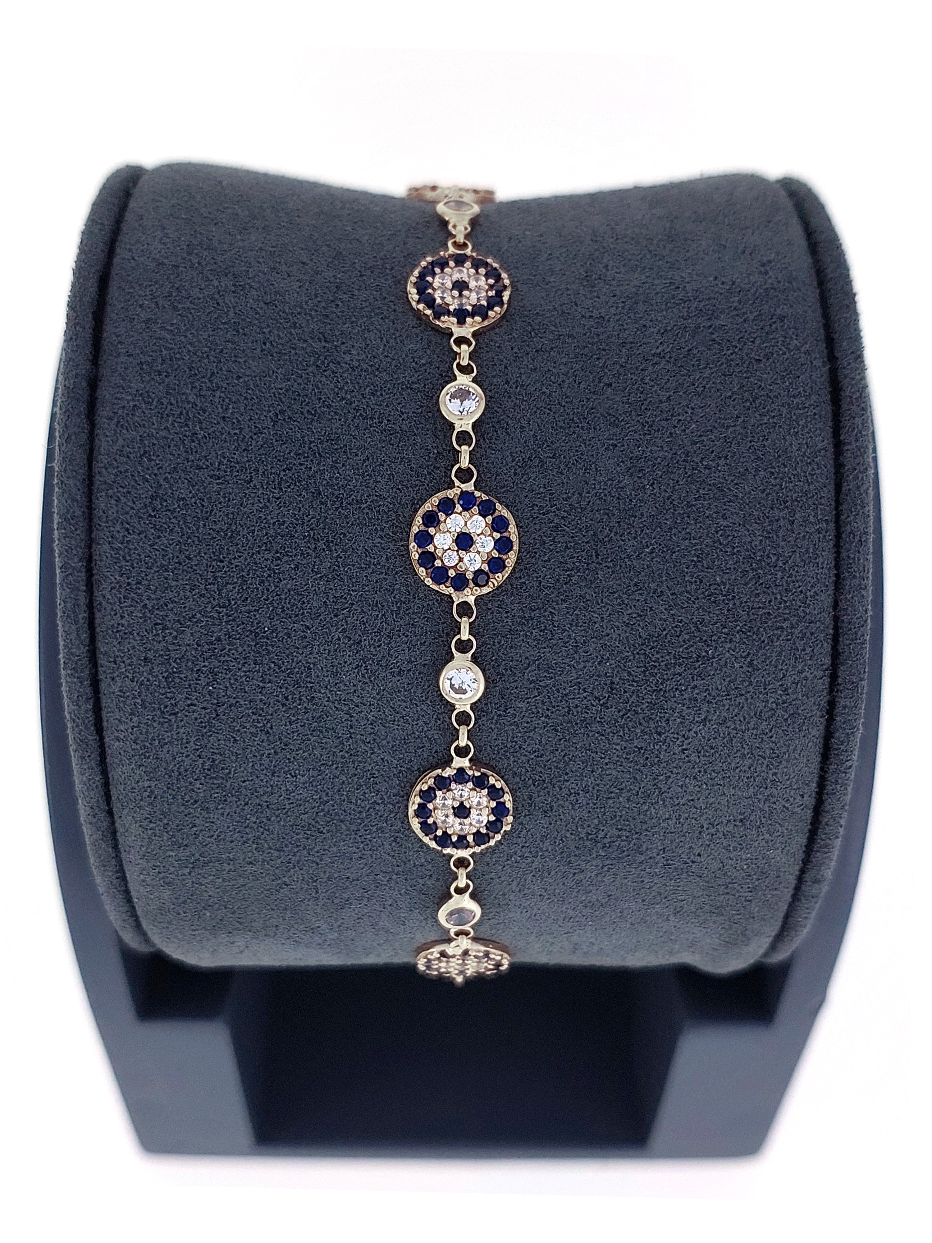 Gümüş Altın Yaldızlı Rose Renk 925 Ayar Gümüş Sıra Taşlı Göz Nazar Bileklik - www.xsilver.com.tr