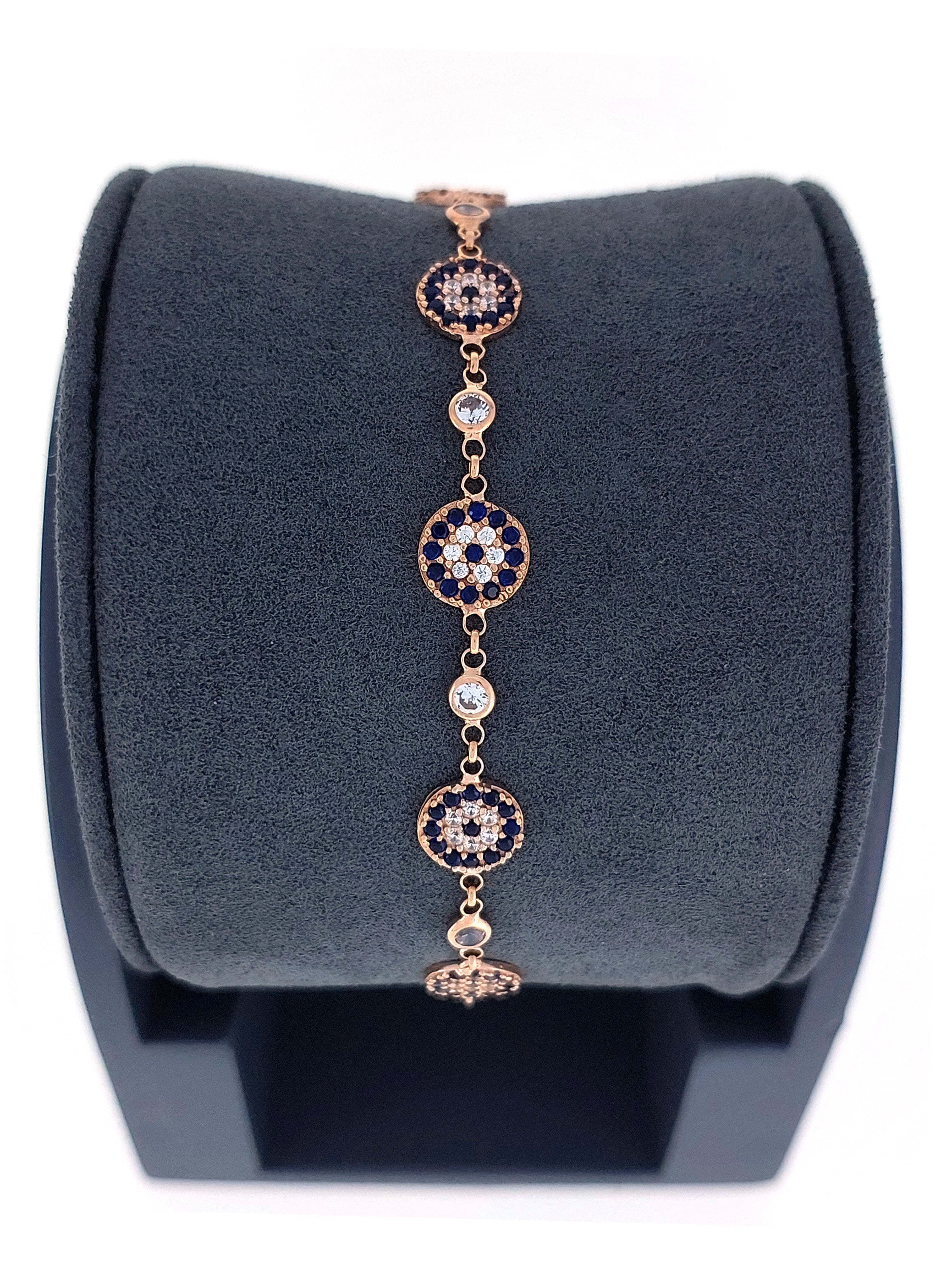 Gümüş Altın Yaldızlı Rose Renk 925 Ayar Gümüş Sıra Taşlı Göz Nazar Bileklik - www.xsilver.com.tr