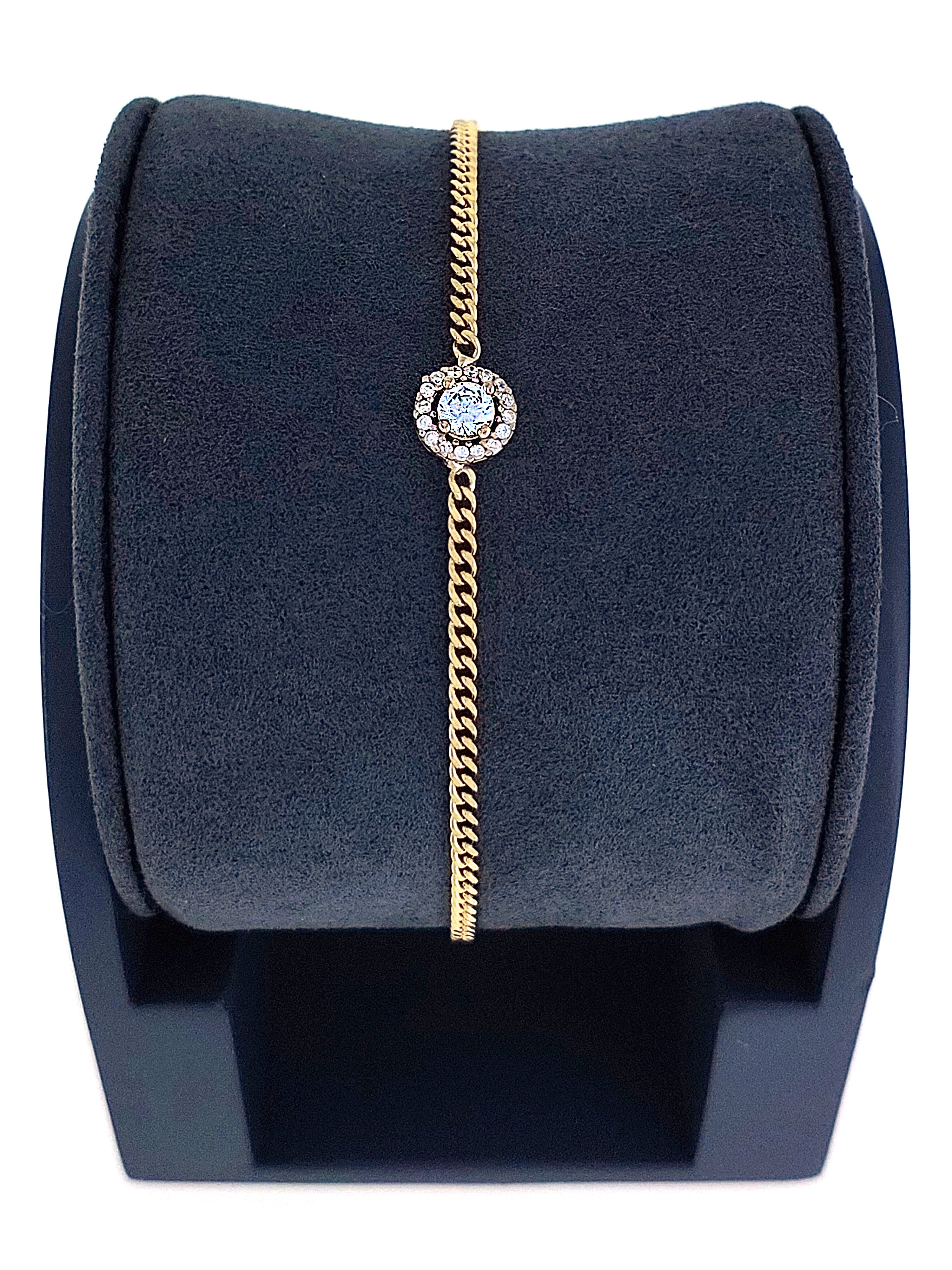 Gümüş Altın Yaldızlı Rose Renk 925 Ayar Gümüş Taşlı Daire İçerisinde 4mm Tek Taş Gurmet Zincir Bileklik - www.xsilver.com.tr