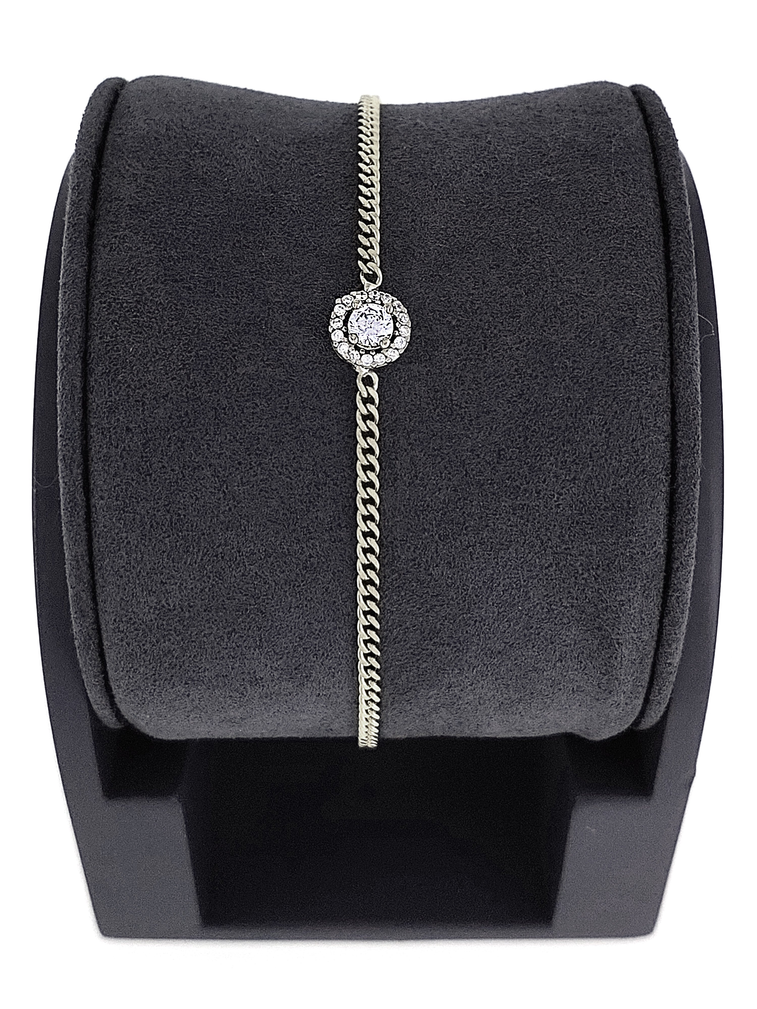 Gümüş Altın Yaldızlı Rose Renk 925 Ayar Gümüş Taşlı Daire İçerisinde 4mm Tek Taş Gurmet Zincir Bileklik - www.xsilver.com.tr