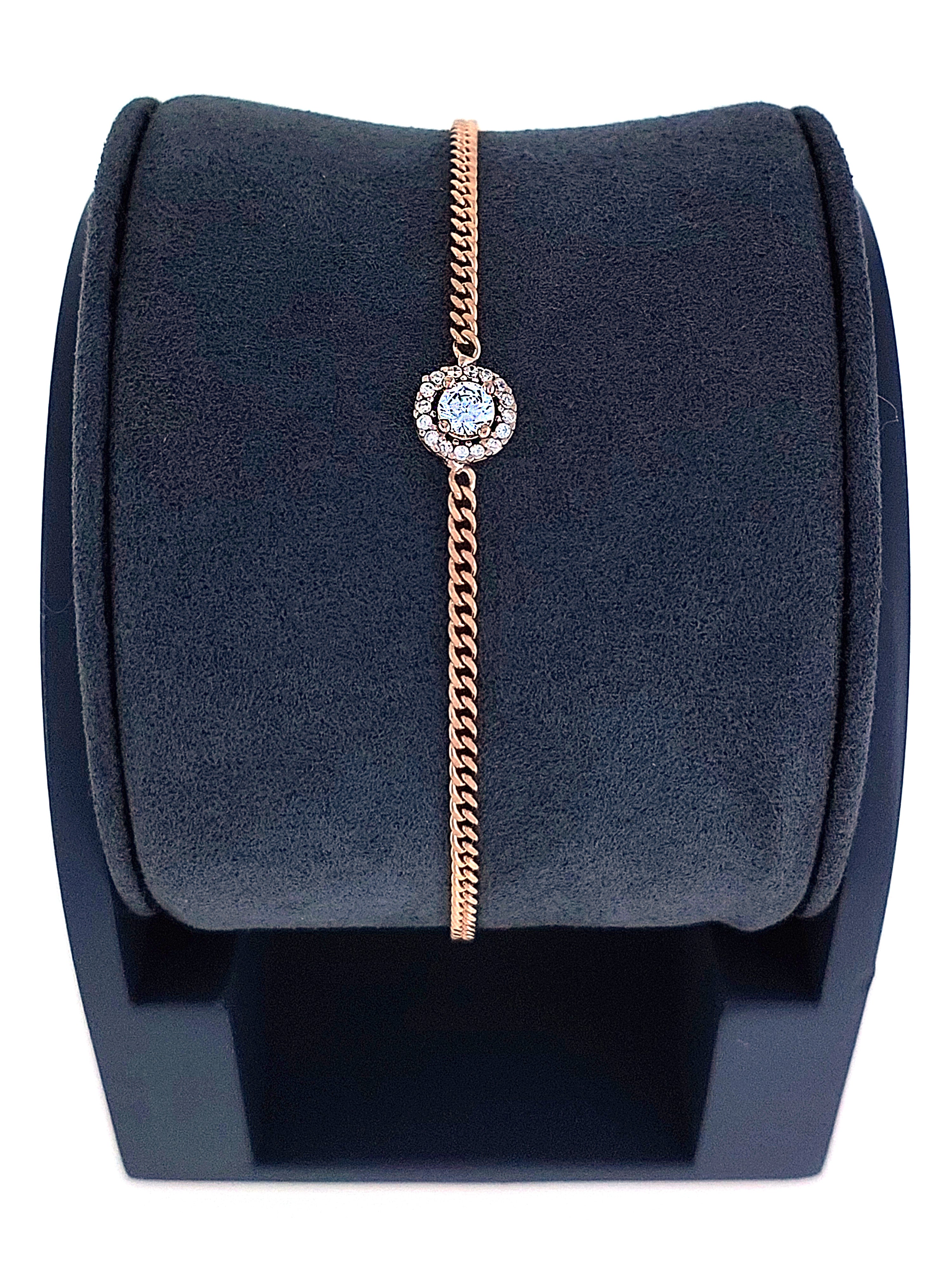 Gümüş Altın Yaldızlı Rose Renk 925 Ayar Gümüş Taşlı Daire İçerisinde 4mm Tek Taş Gurmet Zincir Bileklik - www.xsilver.com.tr