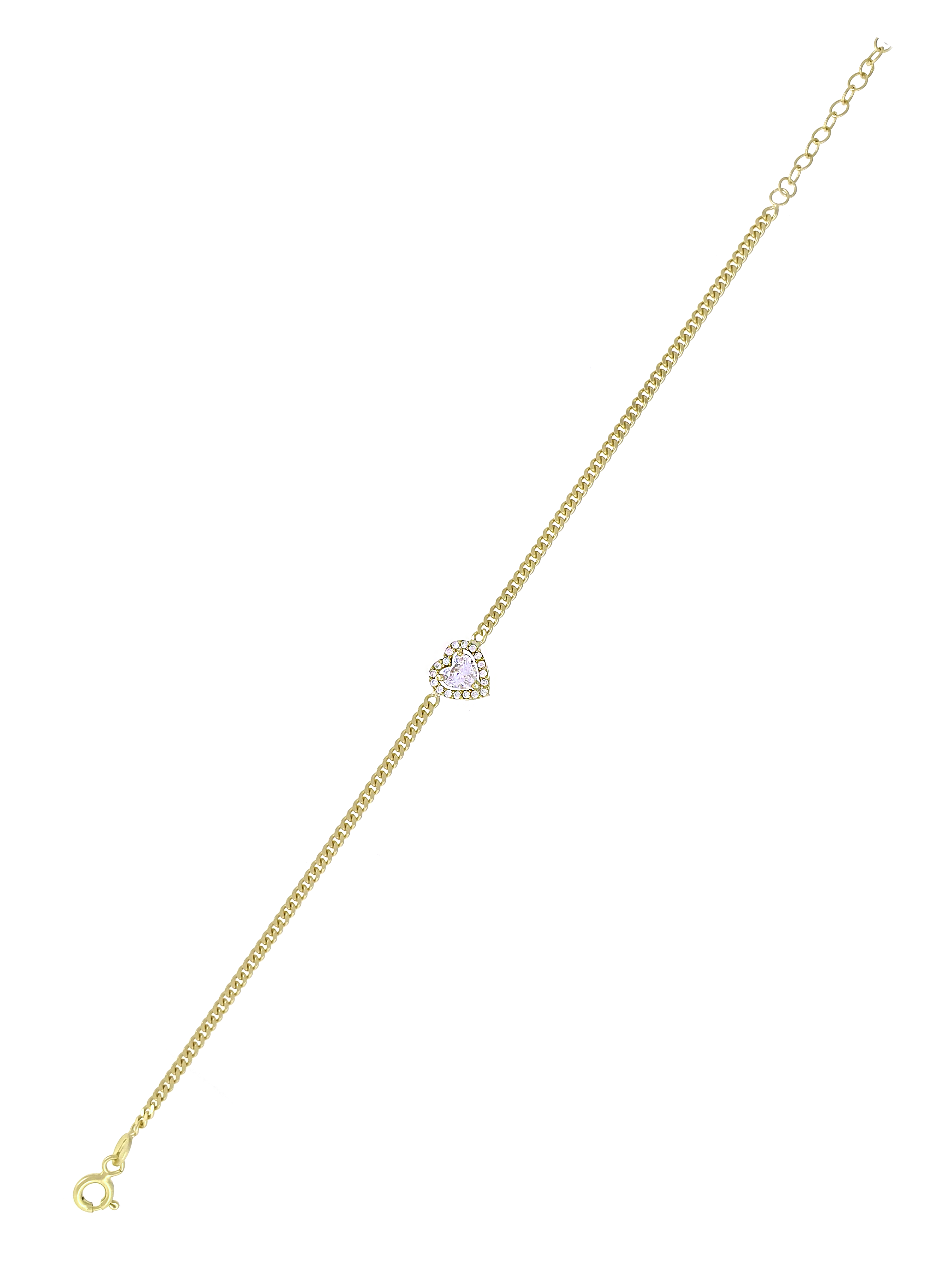 Gümüş Altın Yaldızlı Rose Renk 925 Ayar Gümüş Kalp Tek Taş Gurmet Zincir Bileklik - www.xsilver.com.tr