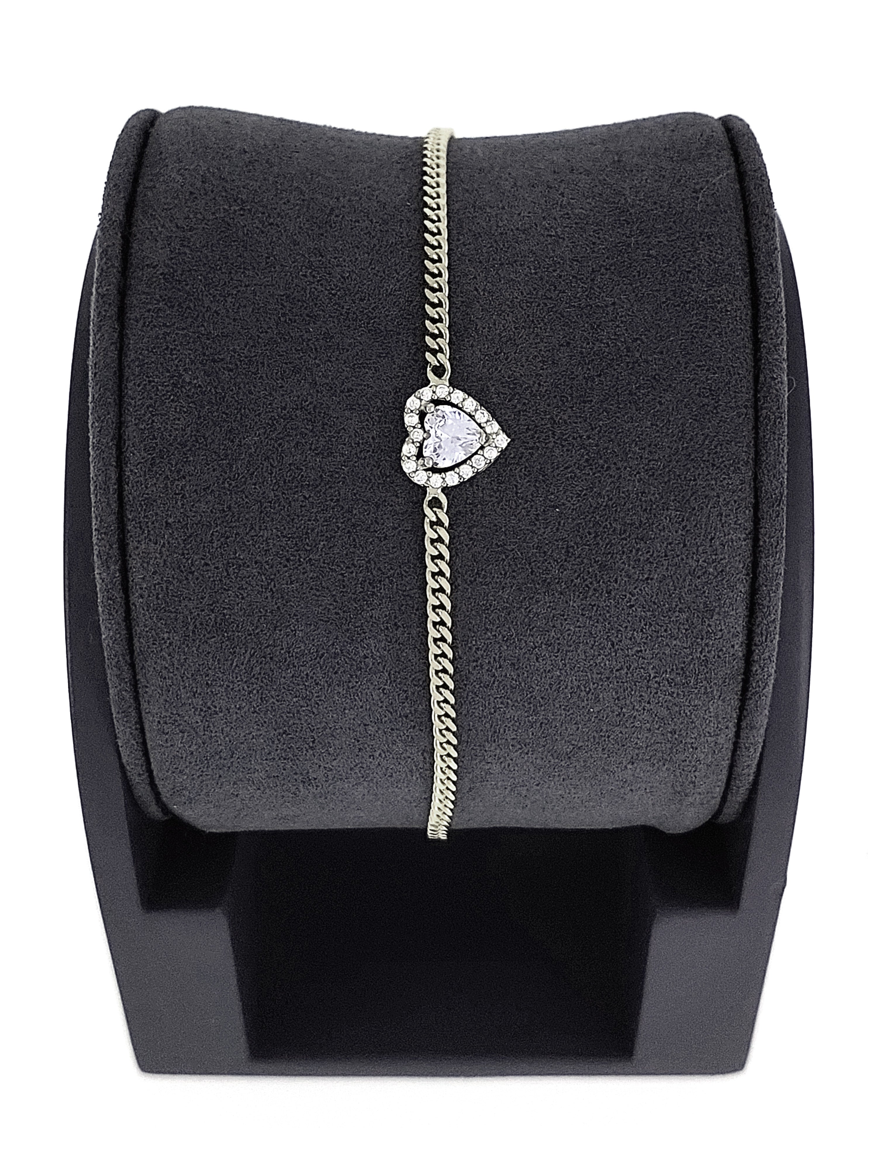 Gümüş Altın Yaldızlı Rose Renk 925 Ayar Gümüş Kalp Tek Taş Gurmet Zincir Bileklik - www.xsilver.com.tr