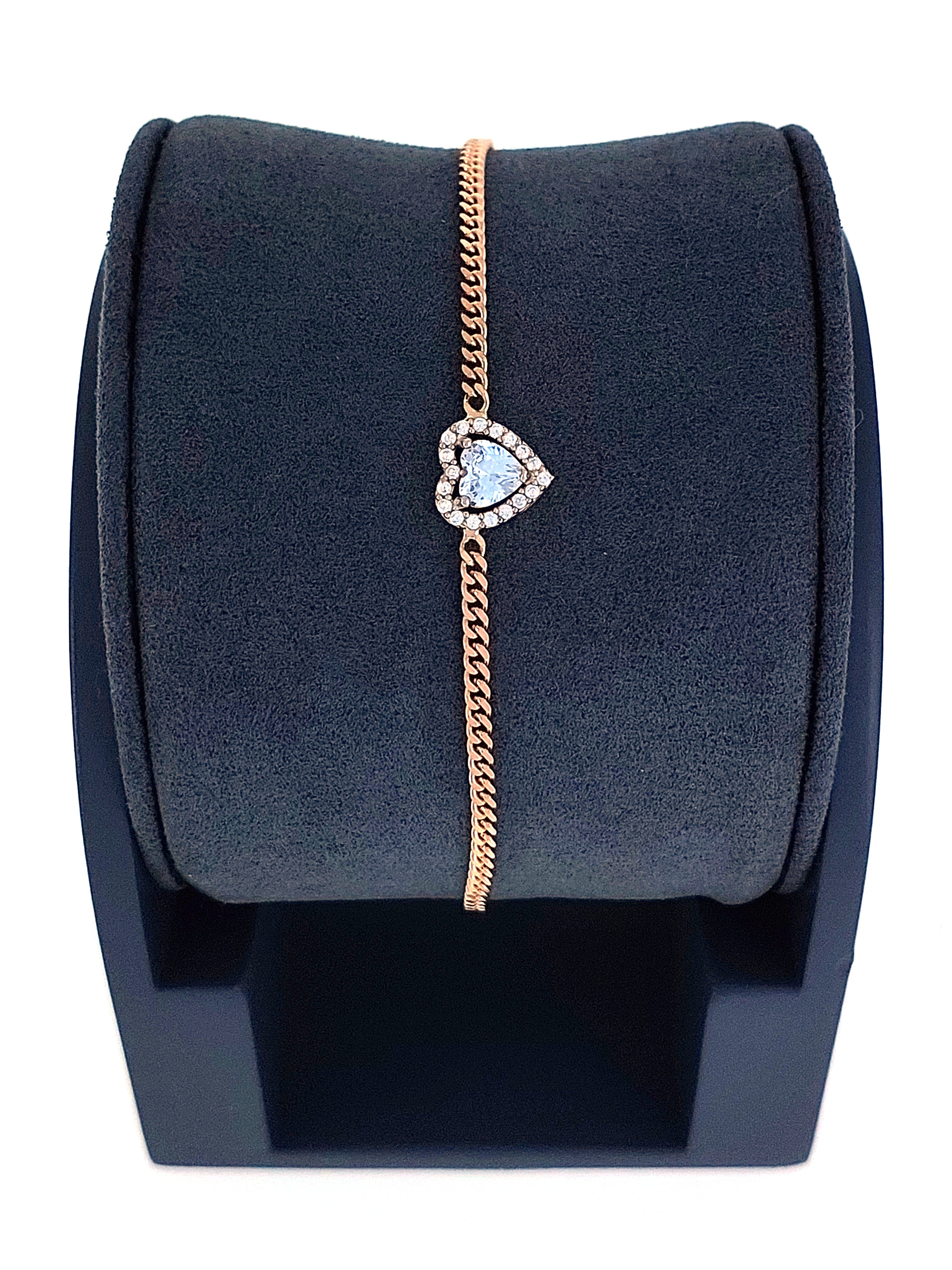 Gümüş Altın Yaldızlı Rose Renk 925 Ayar Gümüş Kalp Tek Taş Gurmet Zincir Bileklik - www.xsilver.com.tr