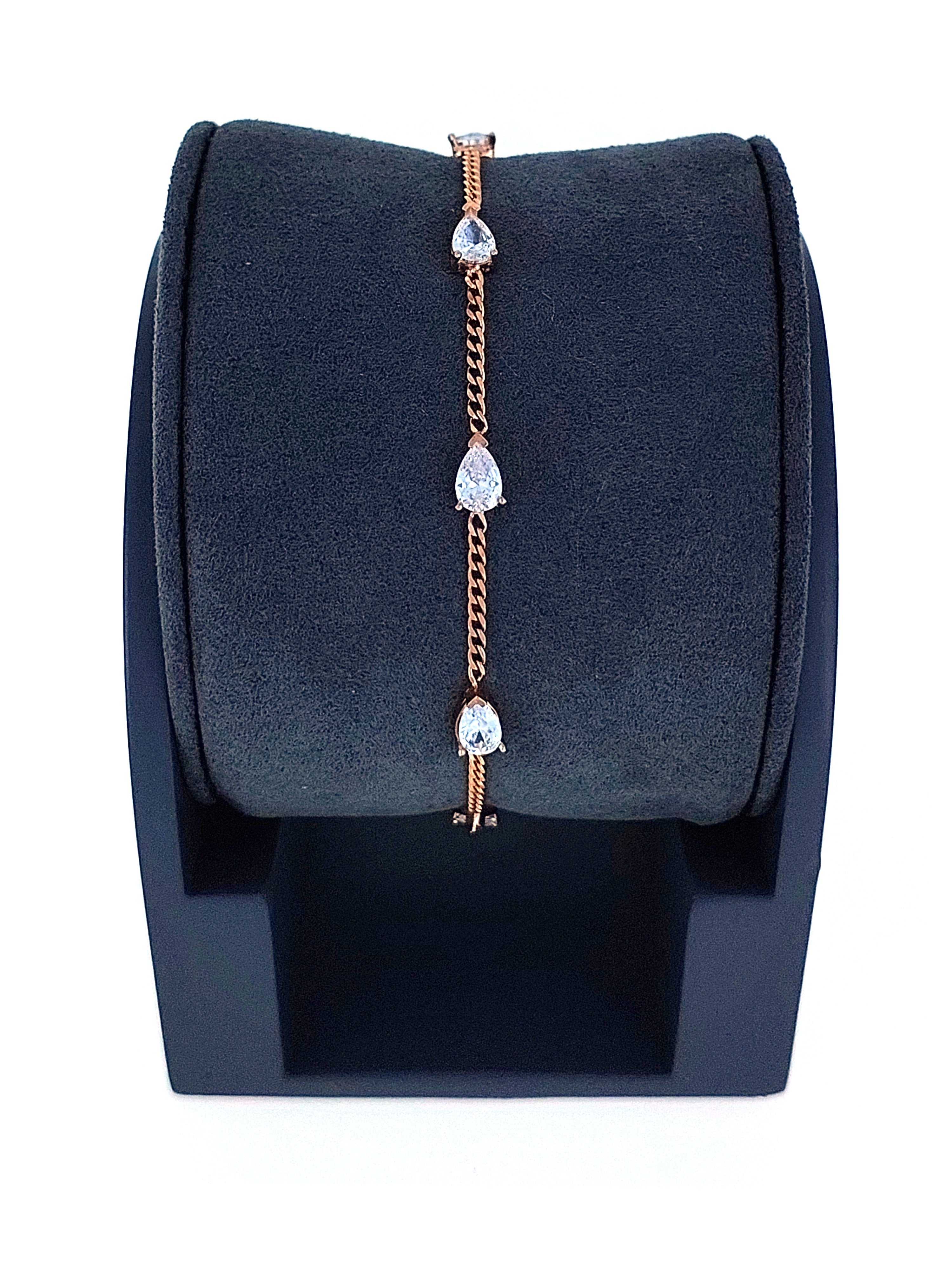 Gümüş Altın Yaldızlı Rose Renk 925 Ayar Gümüş Damla Sıra Taşlı Gurmet Zincir Bileklik - www.xsilver.com.tr