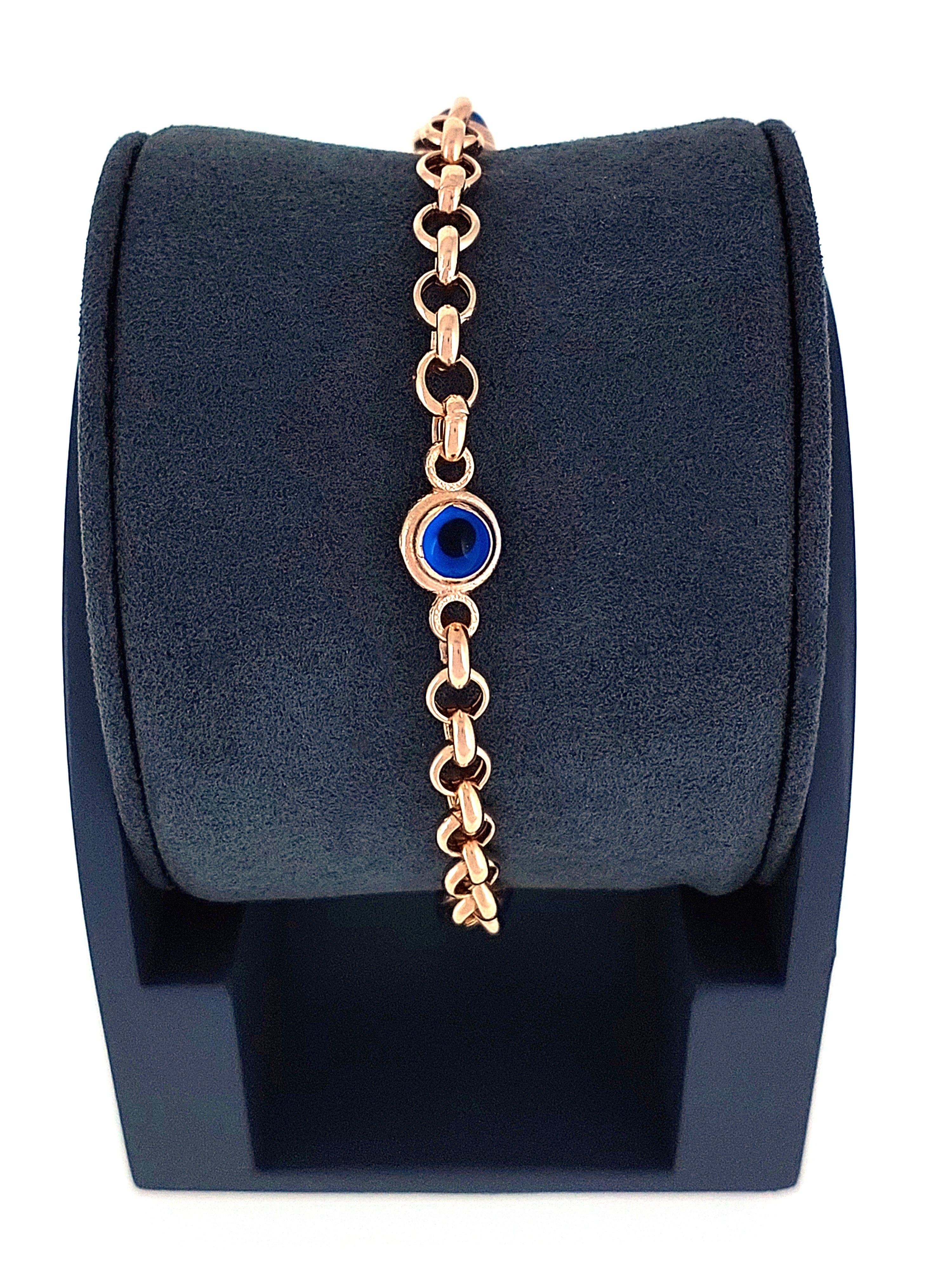 Gümüş Altın Yaldızlı Rose Renk 925 Ayar Gümüş Cam Göz Nazar Bileklik - www.xsilver.com.tr