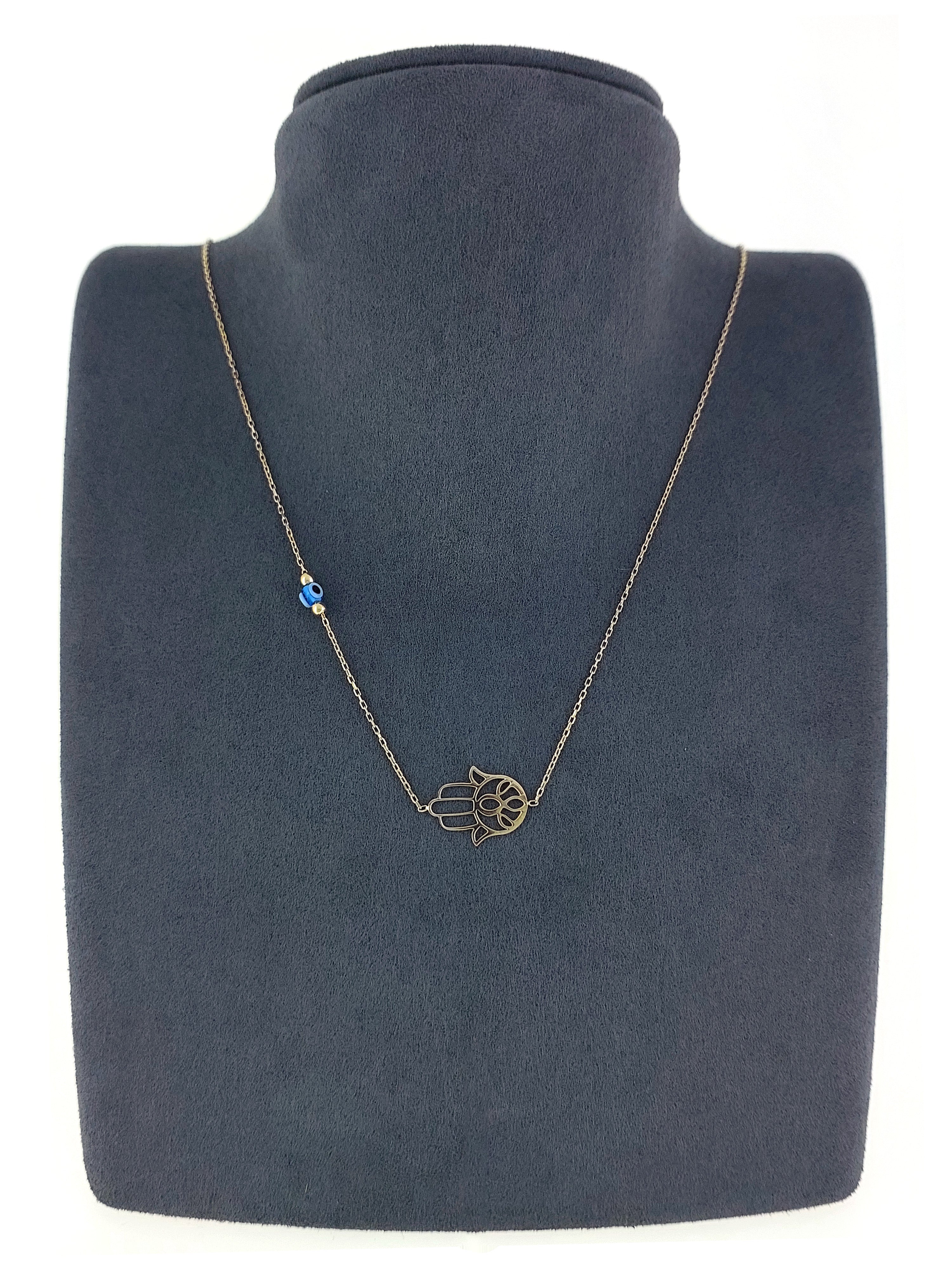 Gümüş Altın Yaldızlı Rose Renk 925 Ayar Gümüş Cam Göz Fatma Ana Eli Kolye - www.xsilver.com.tr