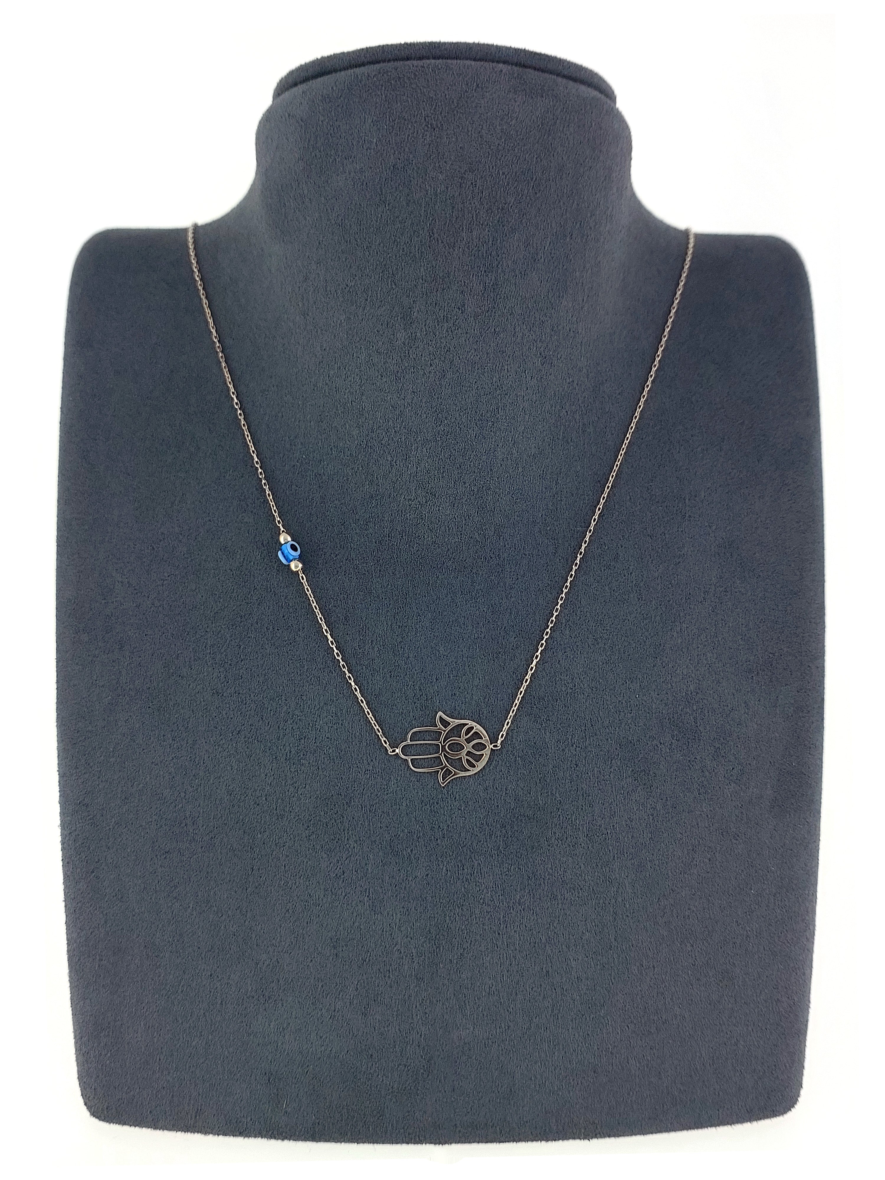 Gümüş Altın Yaldızlı Rose Renk 925 Ayar Gümüş Cam Göz Fatma Ana Eli Kolye - www.xsilver.com.tr