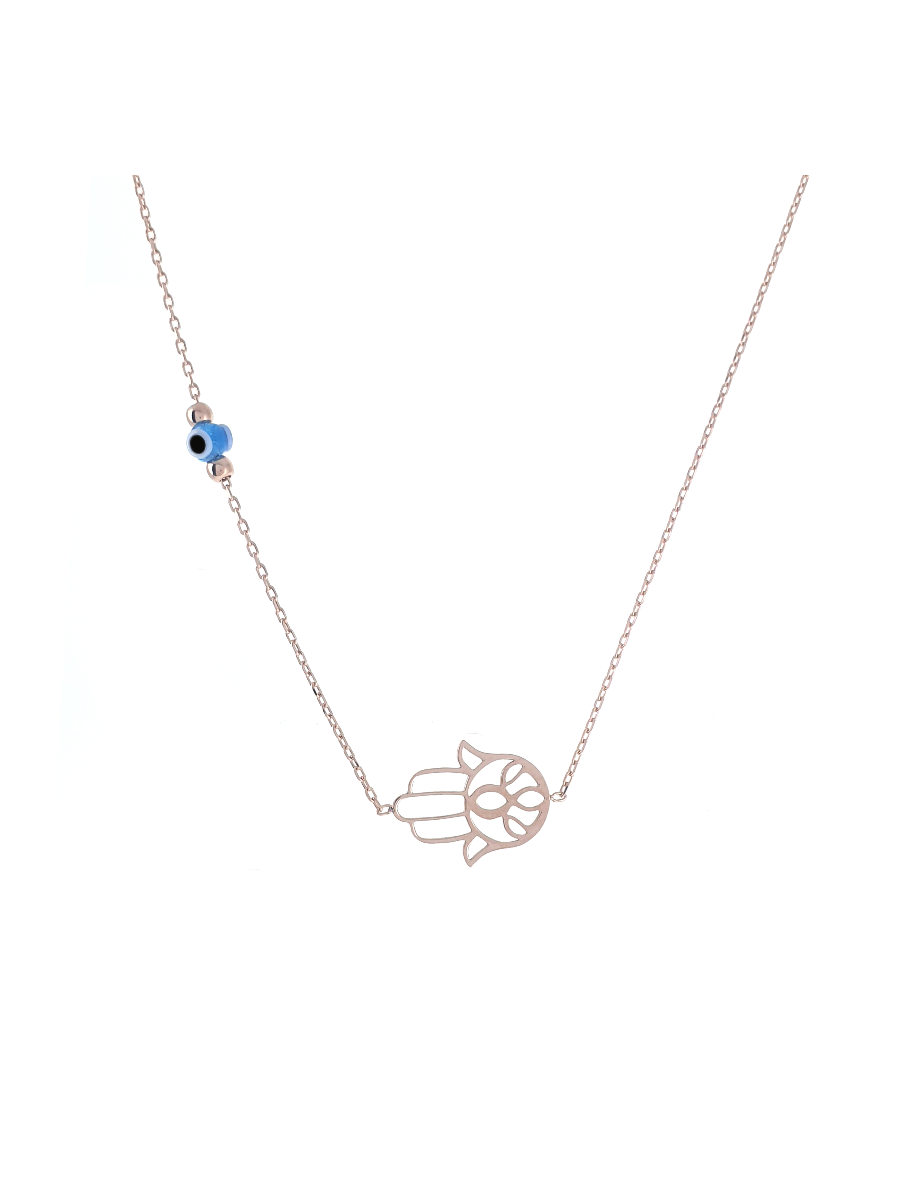 Gümüş Altın Yaldızlı Rose Renk 925 Ayar Gümüş Cam Göz Fatma Ana Eli Kolye - www.xsilver.com.tr