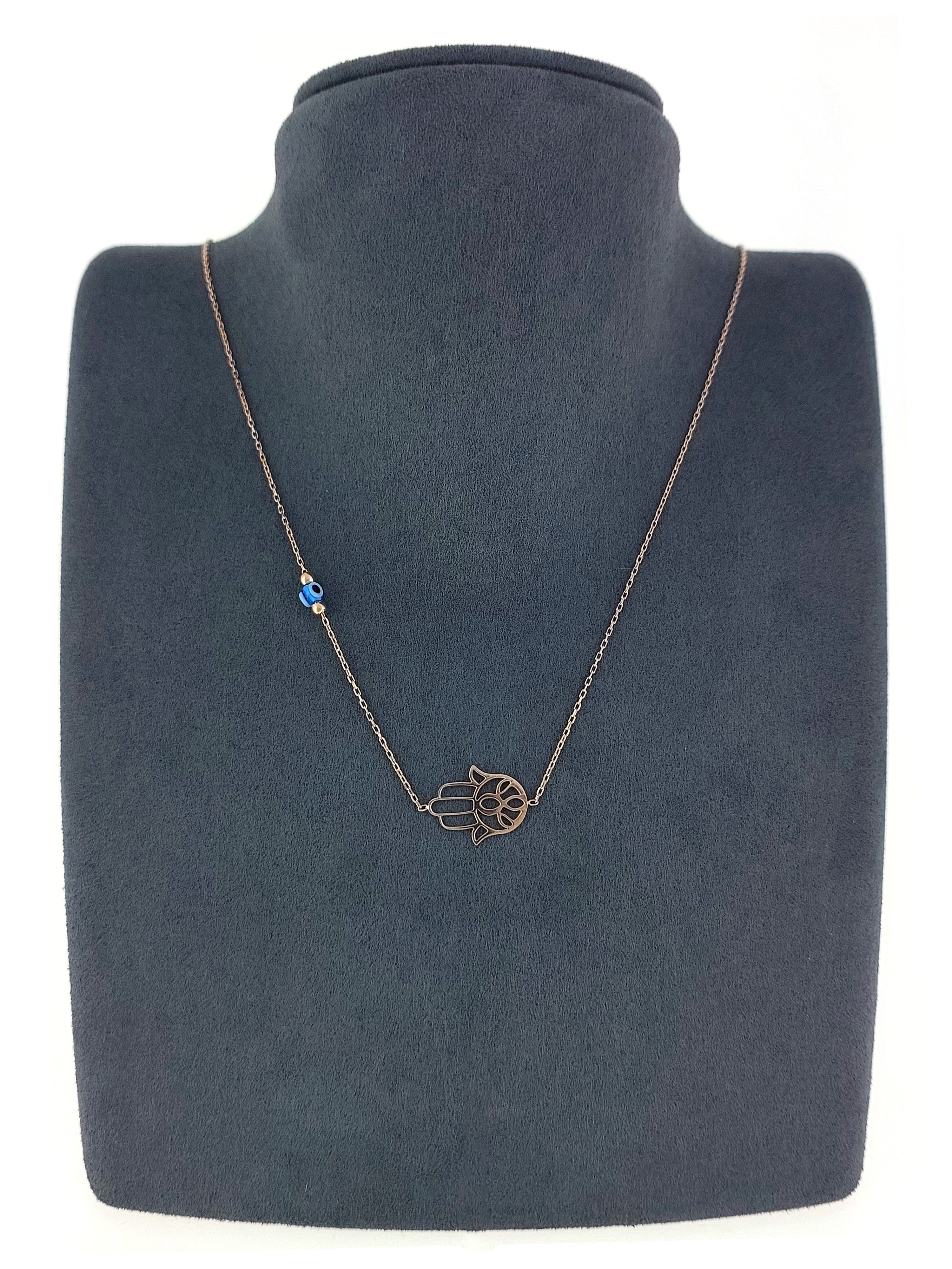 Gümüş Altın Yaldızlı Rose Renk 925 Ayar Gümüş Cam Göz Fatma Ana Eli Kolye - www.xsilver.com.tr