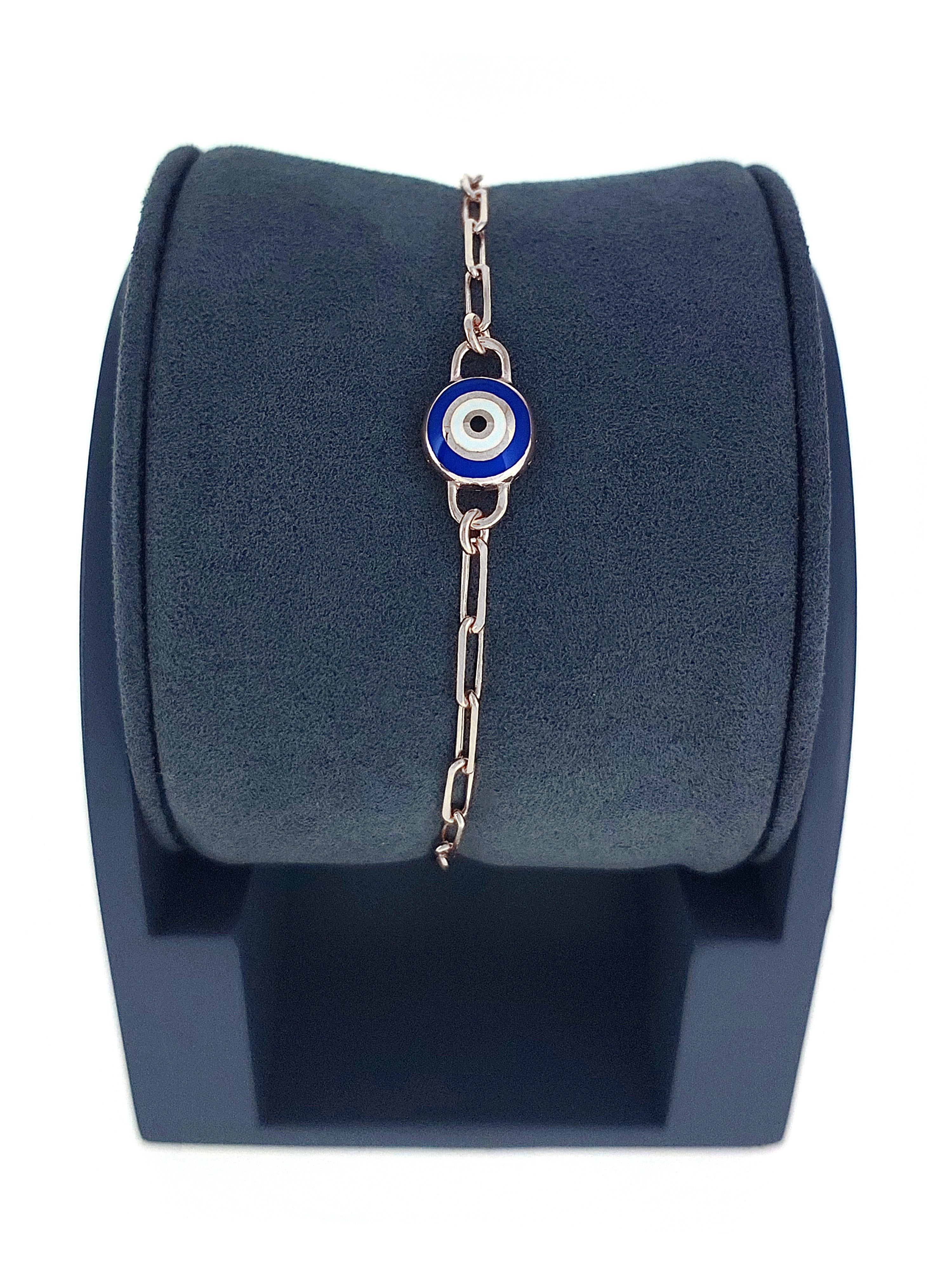 Gümüş Altın Yaldızlı Rose Renk 925 Ayar Gümüş Mavi Mineli Göz Nazar Ataç Zincir Bileklik - www.xsilver.com.tr