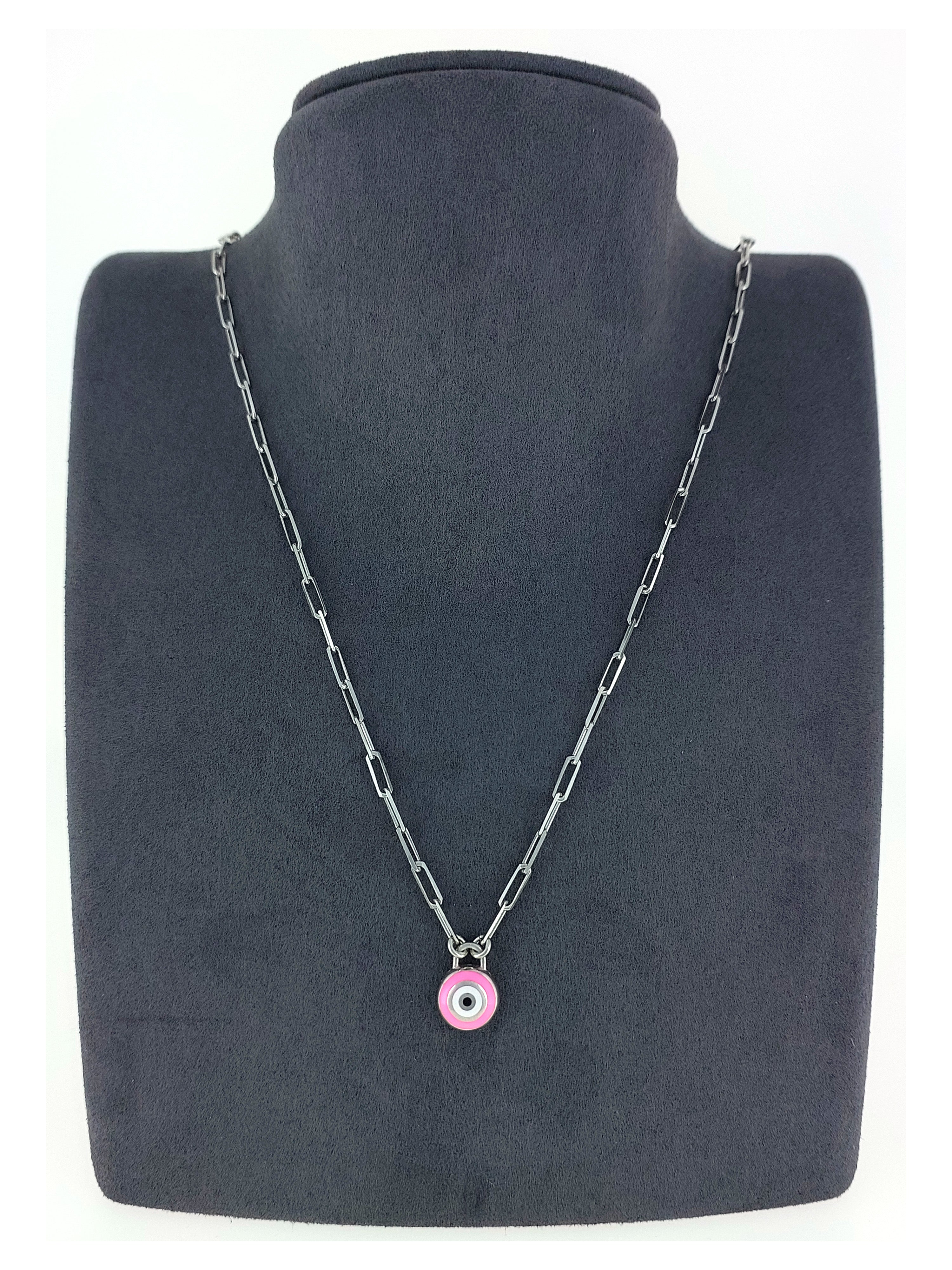 Gümüş Altın Yaldızlı Rose Renk 925 Ayar Gümüş Pembe Mineli Göz Nazar Ataç Zincir Kolye - www.xsilver.com.tr