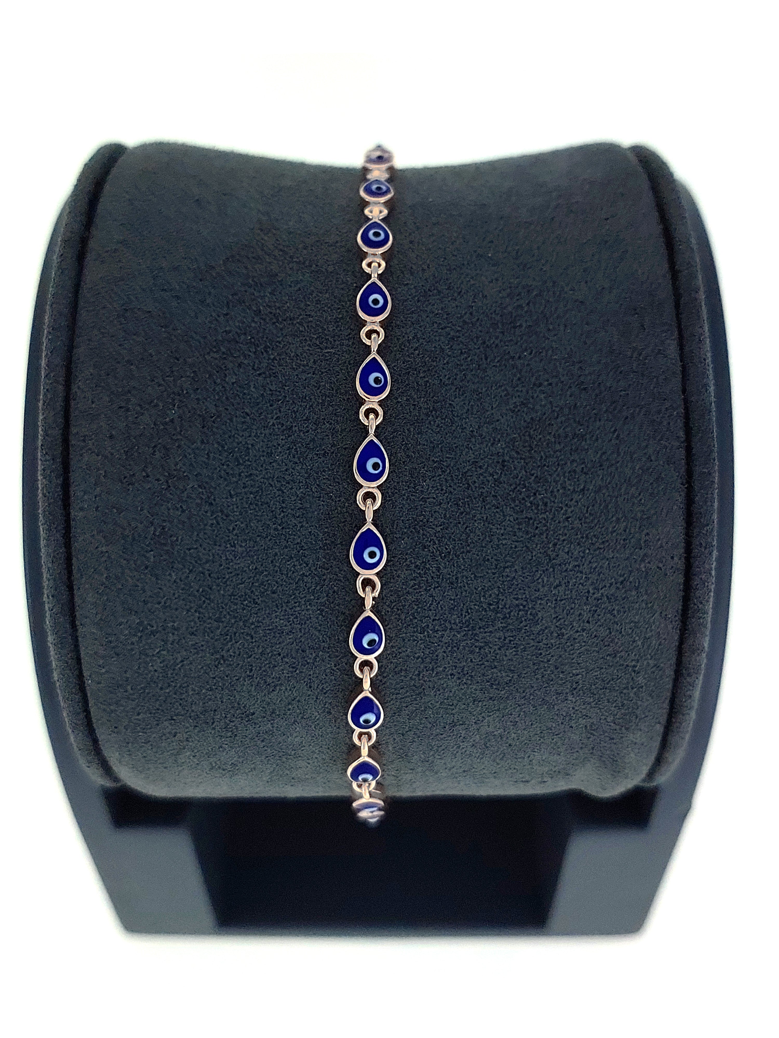 Gümüş Altın Yaldızlı Rose Renk 925 Ayar Gümüş Mavi Damla Mineli Göz Nazar Bileklik - www.xsilver.com.tr