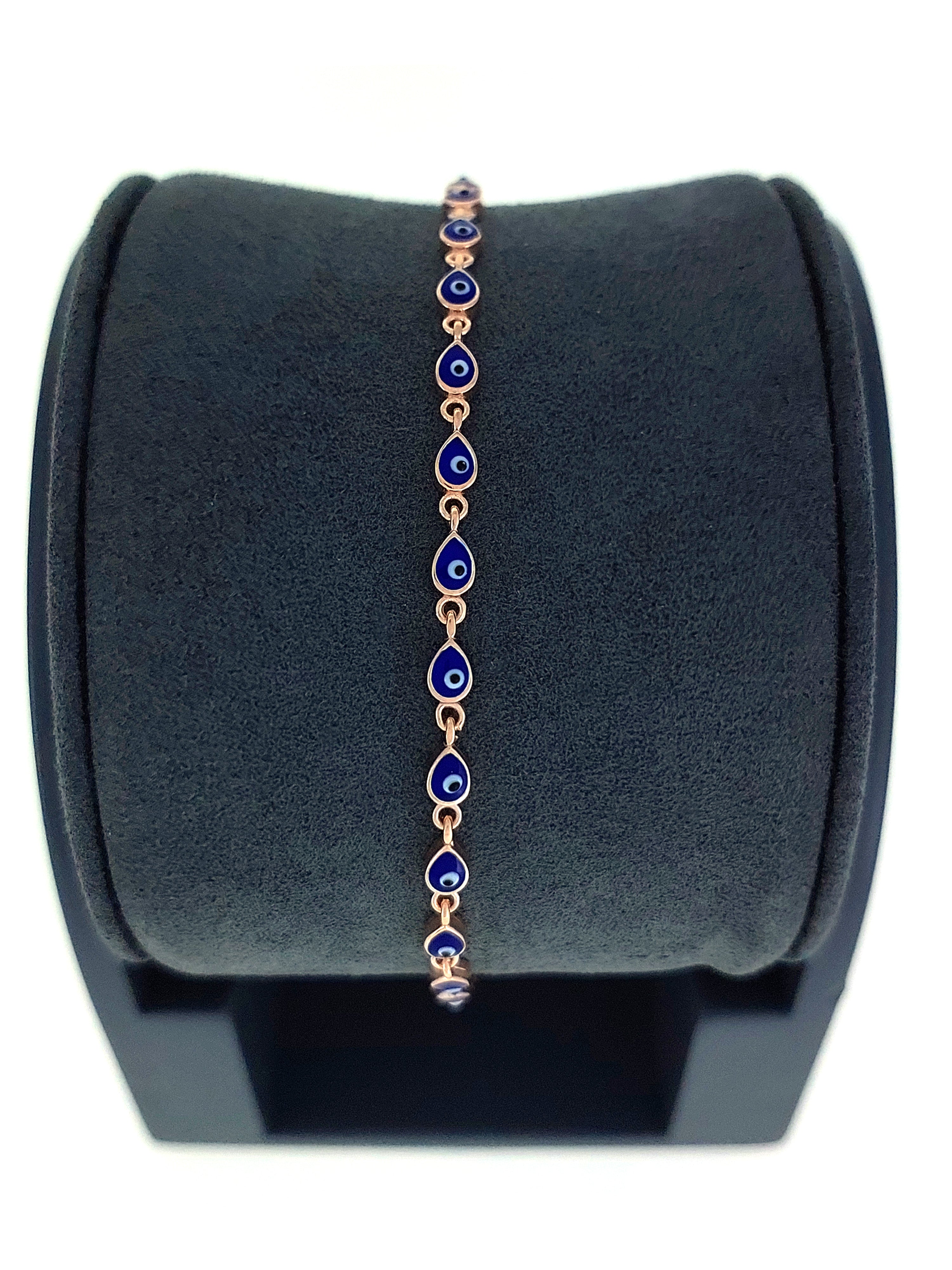 Gümüş Altın Yaldızlı Rose Renk 925 Ayar Gümüş Mavi Damla Mineli Göz Nazar Bileklik - www.xsilver.com.tr