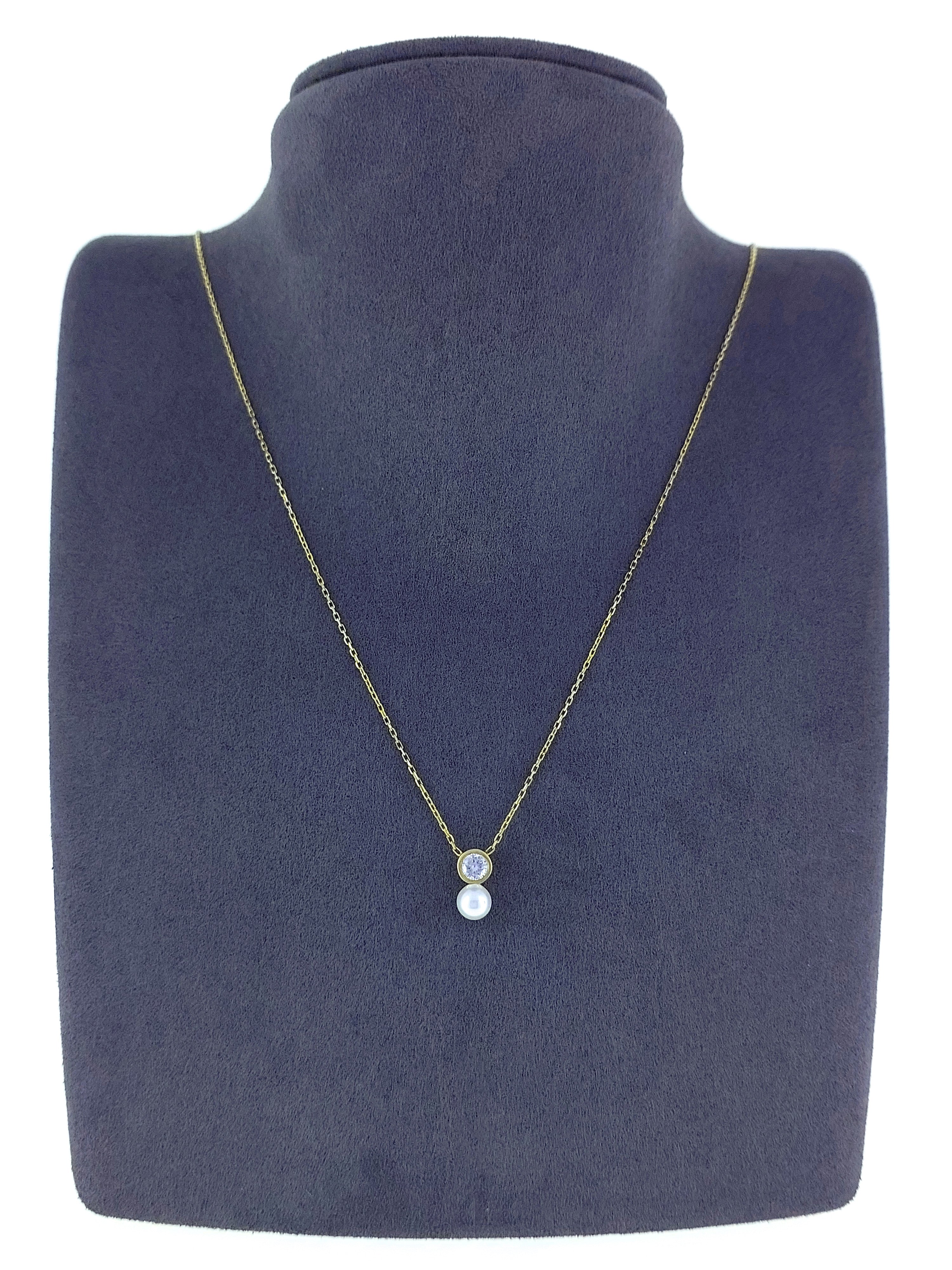 Gümüş Altın Yaldızlı Rose Renk 925 Ayar Gümüş Tek Taş İncili Kolye - www.xsilver.com.tr