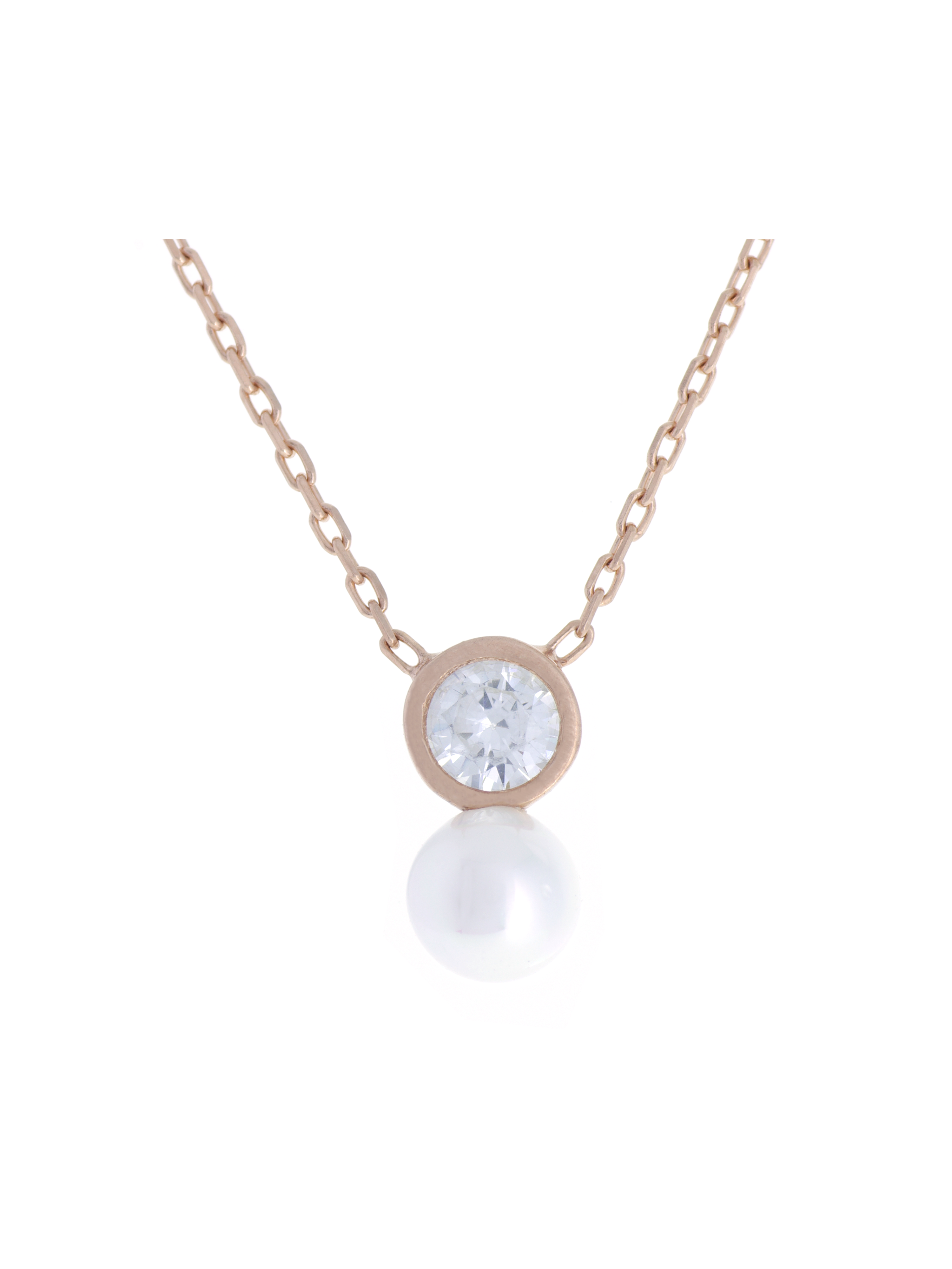 Gümüş Altın Yaldızlı Rose Renk 925 Ayar Gümüş Tek Taş İncili Kolye - www.xsilver.com.tr