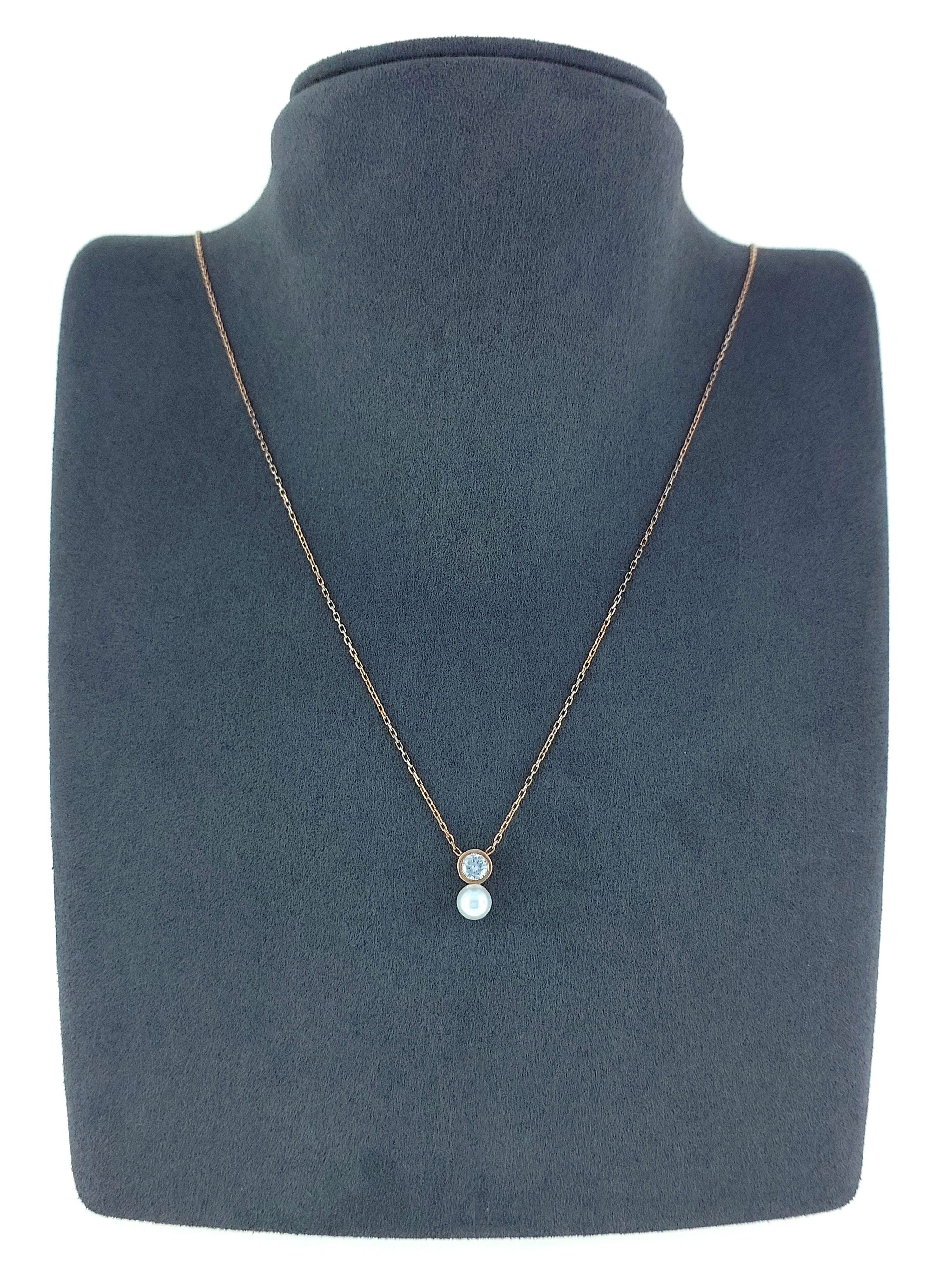 Gümüş Altın Yaldızlı Rose Renk 925 Ayar Gümüş Tek Taş İncili Kolye - www.xsilver.com.tr