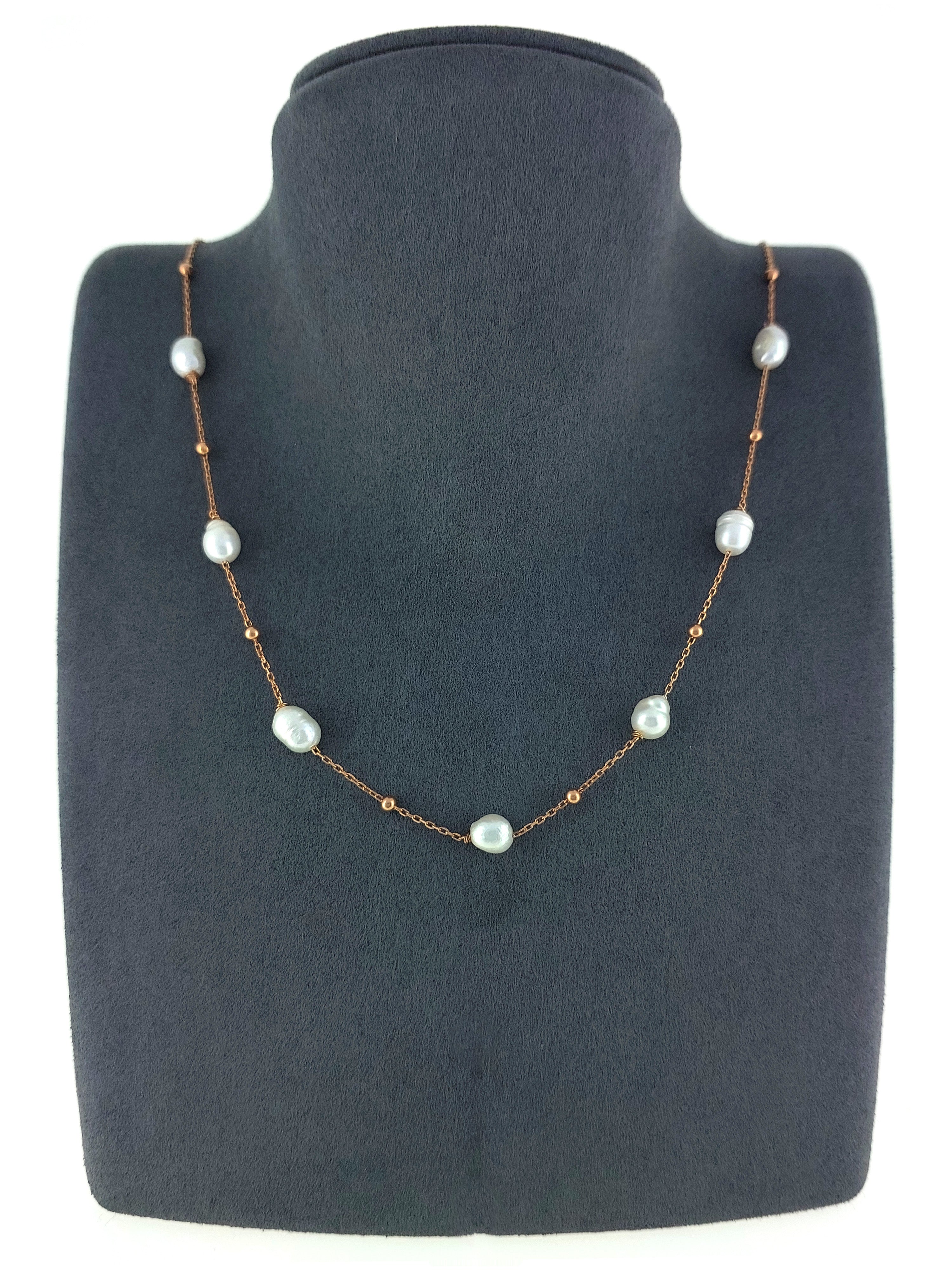 Gümüş Altın Yaldızlı Rose Renk 925 Ayar Gümüş Dorika Toplu İncili Kolye - www.xsilver.com.tr