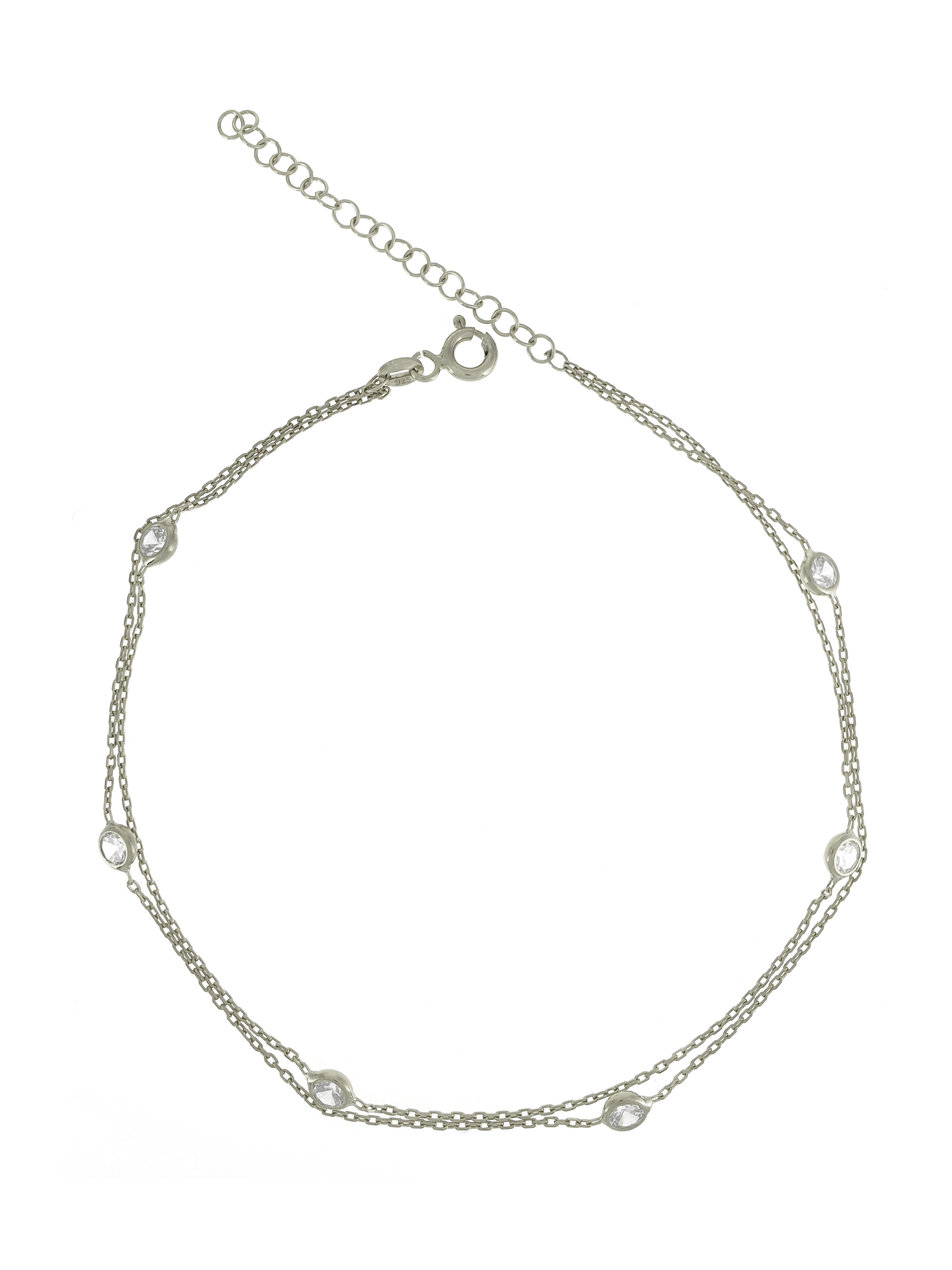 Gümüş Altın Yaldızlı Rose Renk 925 Ayar Gümüş Sıra Taşlı 2 Sıralı Zincir Halhal - www.xsilver.com.tr