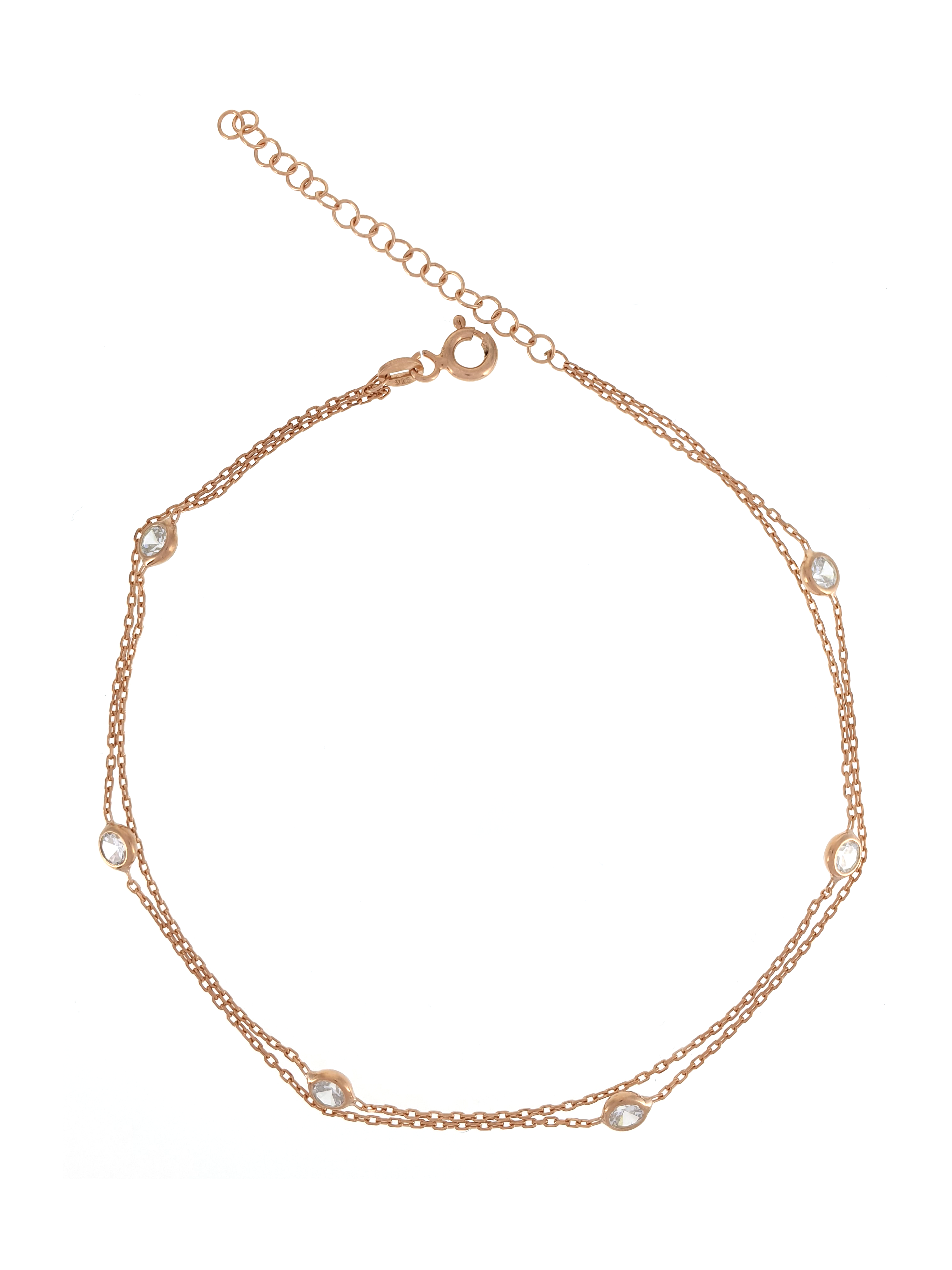 Gümüş Altın Yaldızlı Rose Renk 925 Ayar Gümüş Sıra Taşlı 2 Sıralı Zincir Halhal - www.xsilver.com.tr