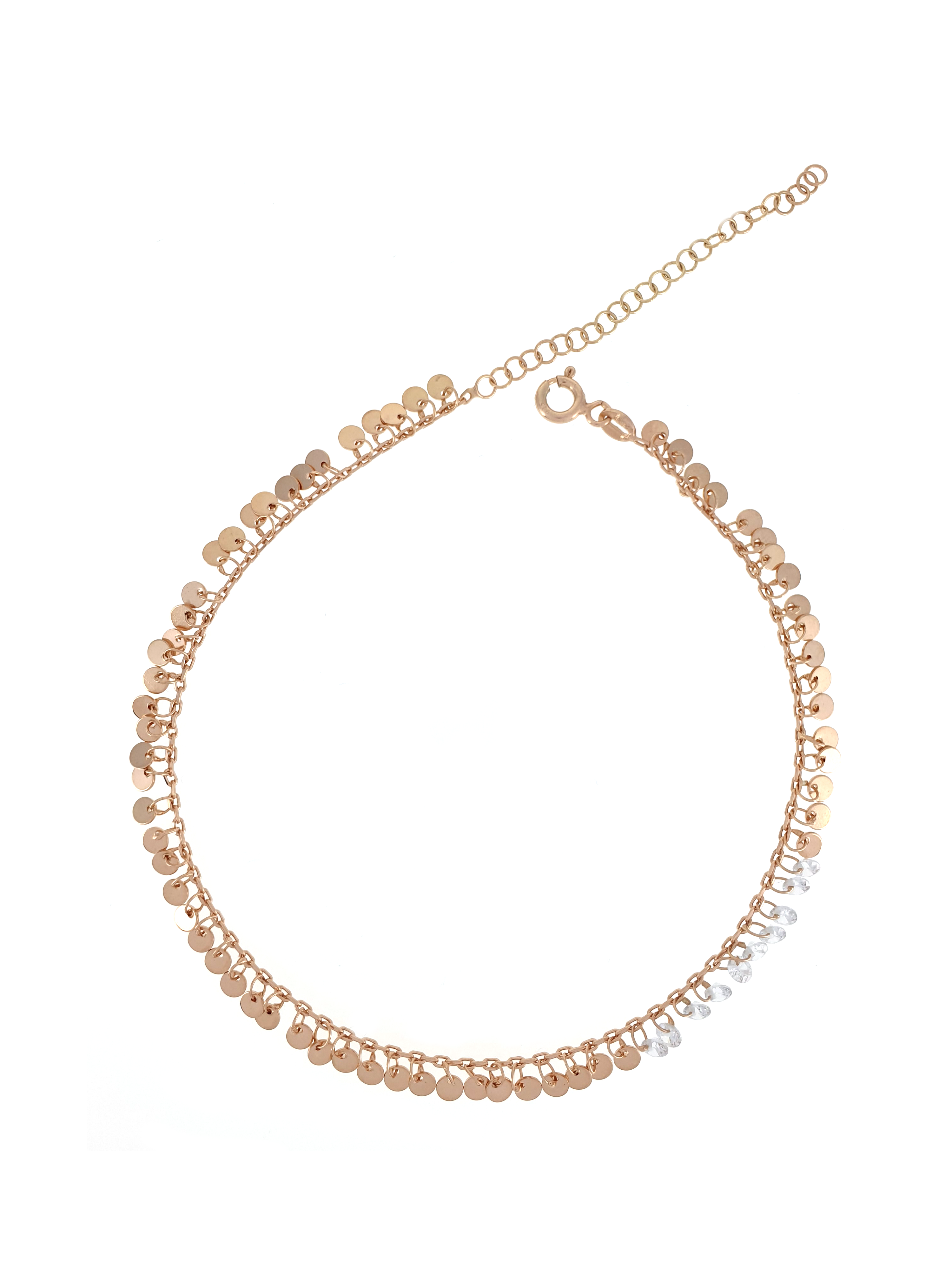 Gümüş Altın Yaldızlı Rose Renk 925 Ayar Gümüş Taşlı Pullu Sallantılı Zincir Halhal - www.xsilver.com.tr