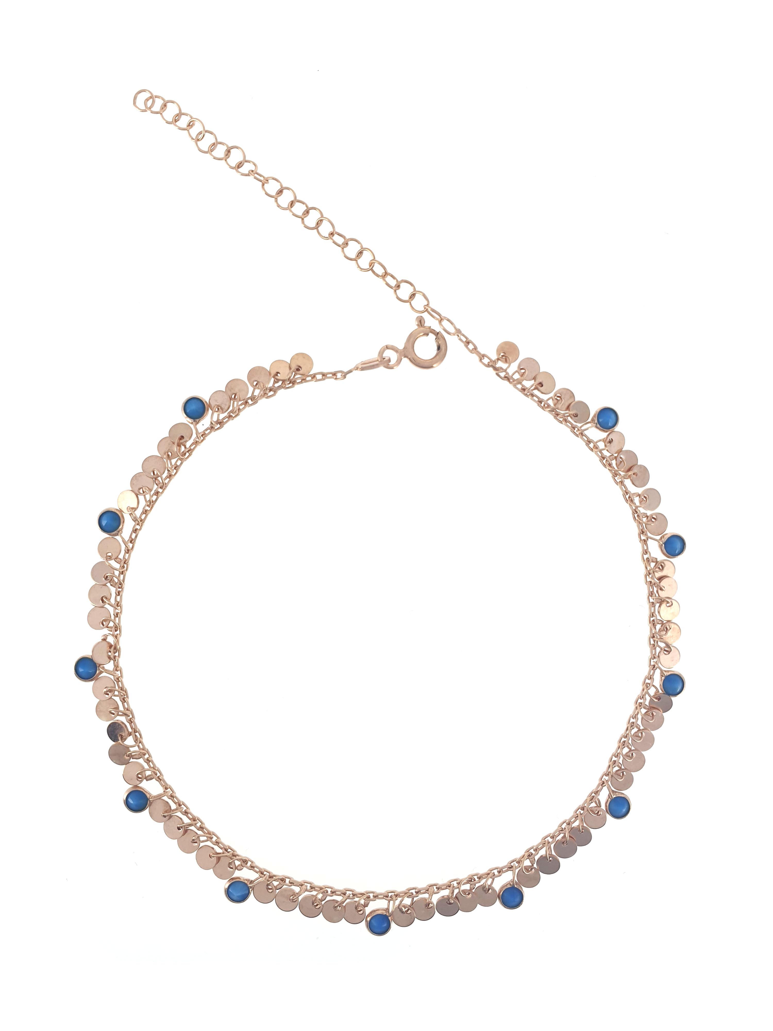 Gümüş Altın Yaldızlı Rose Renk 925 Ayar Gümüş Mavi Taşlı Pullu Sallantılı Zincir Halhal - www.xsilver.com.tr