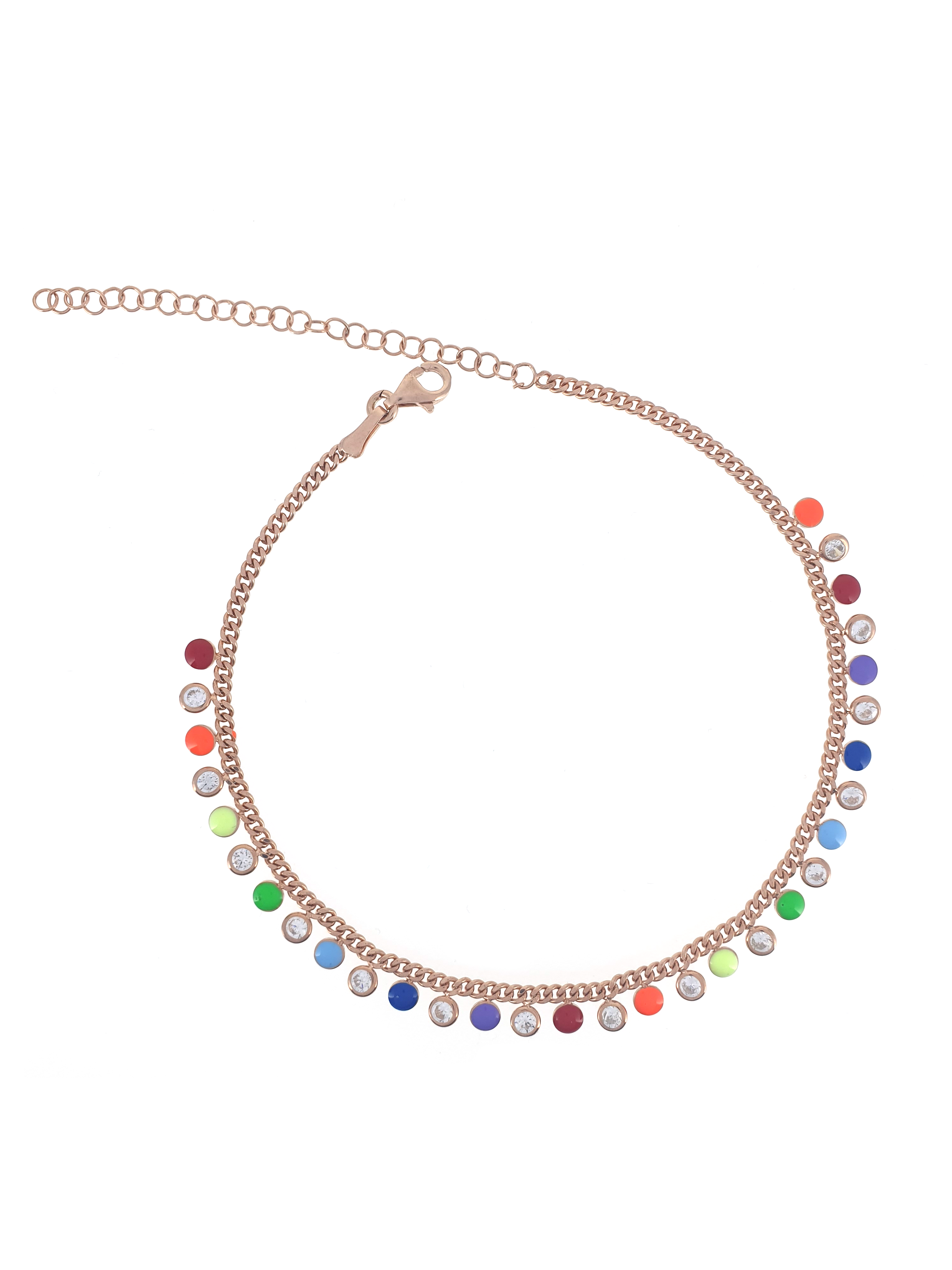 Gümüş Altın Yaldızlı Rose Renk 925 Ayar Gümüş Taşlı Renkli Mineli Sallantılı Gurmet Zincir Halhal - www.xsilver.com.tr