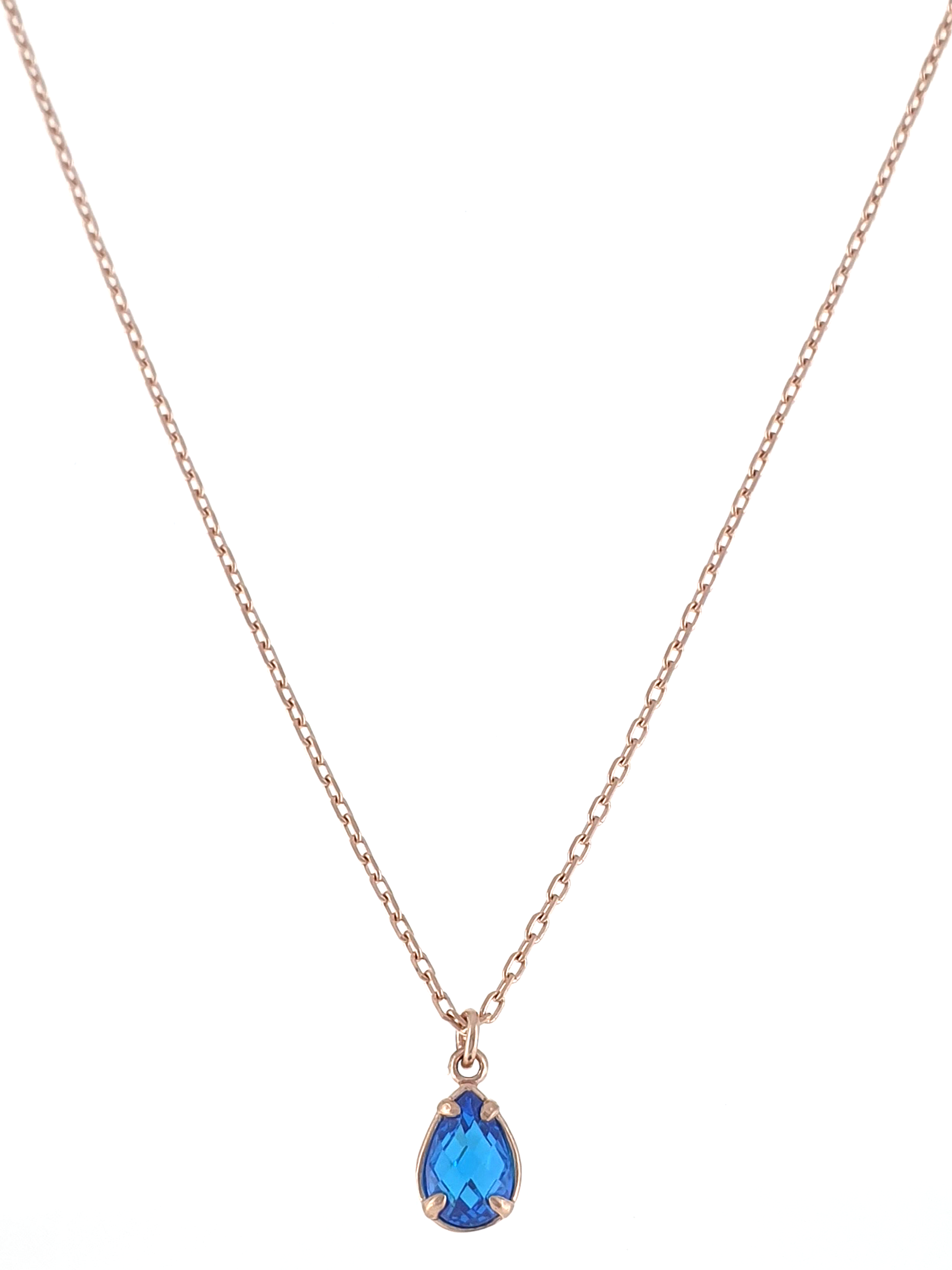 Gümüş Altın Yaldızlı Rose Renk 925 Ayar Gümüş Zirkon Mavi Damla Tek Taş Kolye - www.xsilver.com.tr